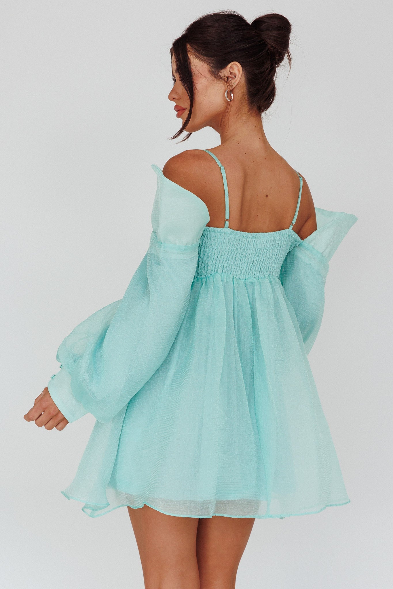 Yasi Long Sleeve Babydoll Mini Dress Mint-Maymioy