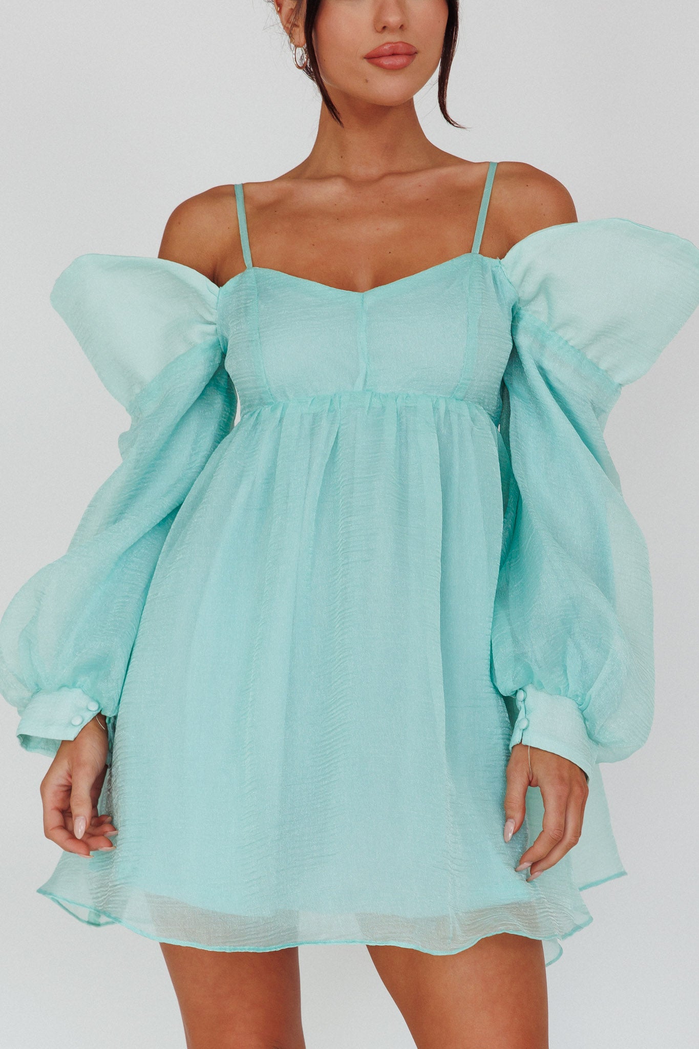 Yasi Long Sleeve Babydoll Mini Dress Mint-Maymioy