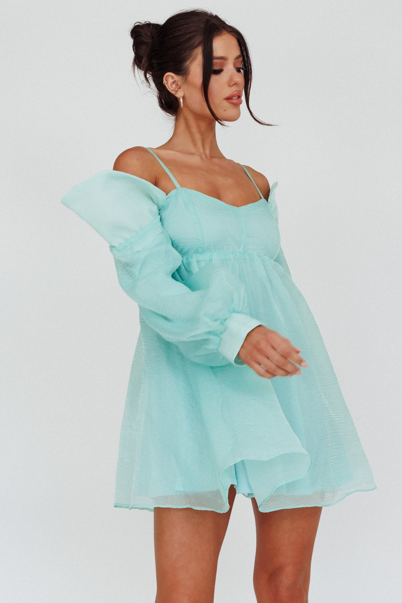 Yasi Long Sleeve Babydoll Mini Dress Mint-Maymioy