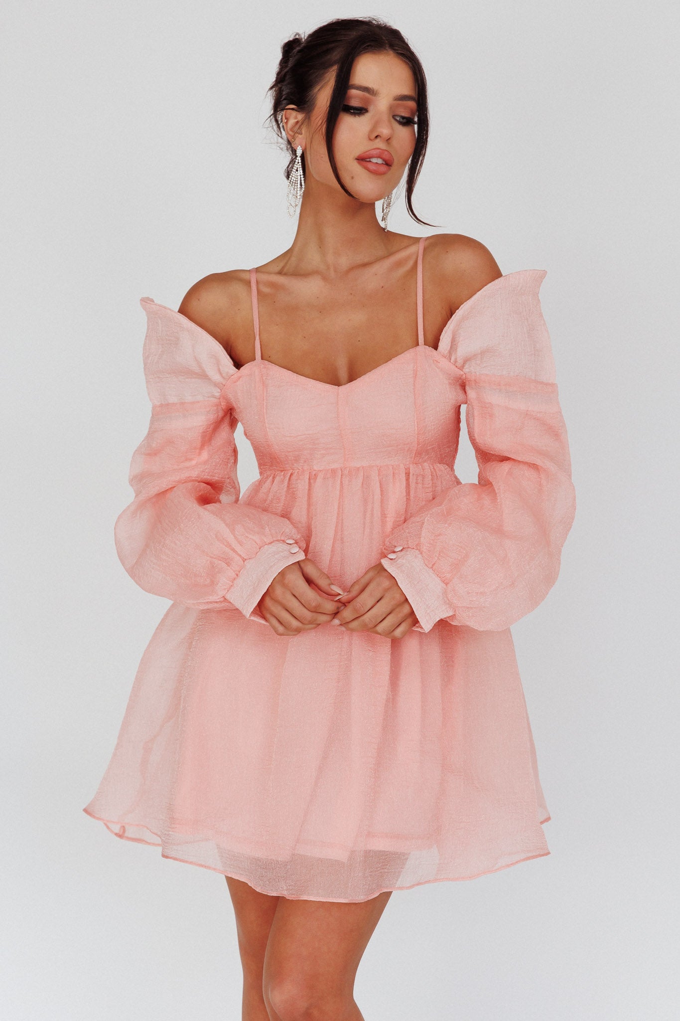 Yasi Long Sleeve Babydoll Mini Dress Peach-Maymioy