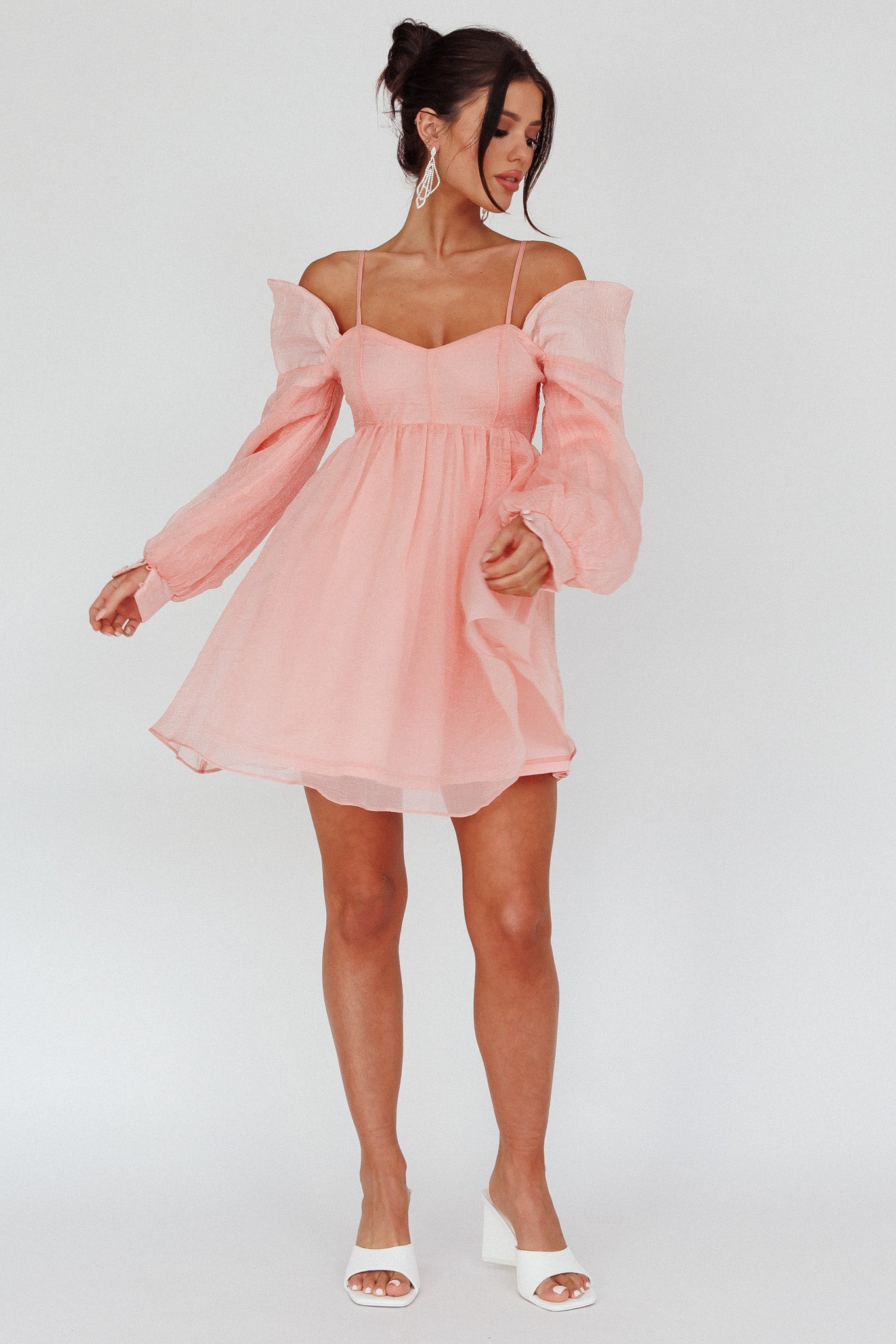 Yasi Long Sleeve Babydoll Mini Dress Peach-Maymioy