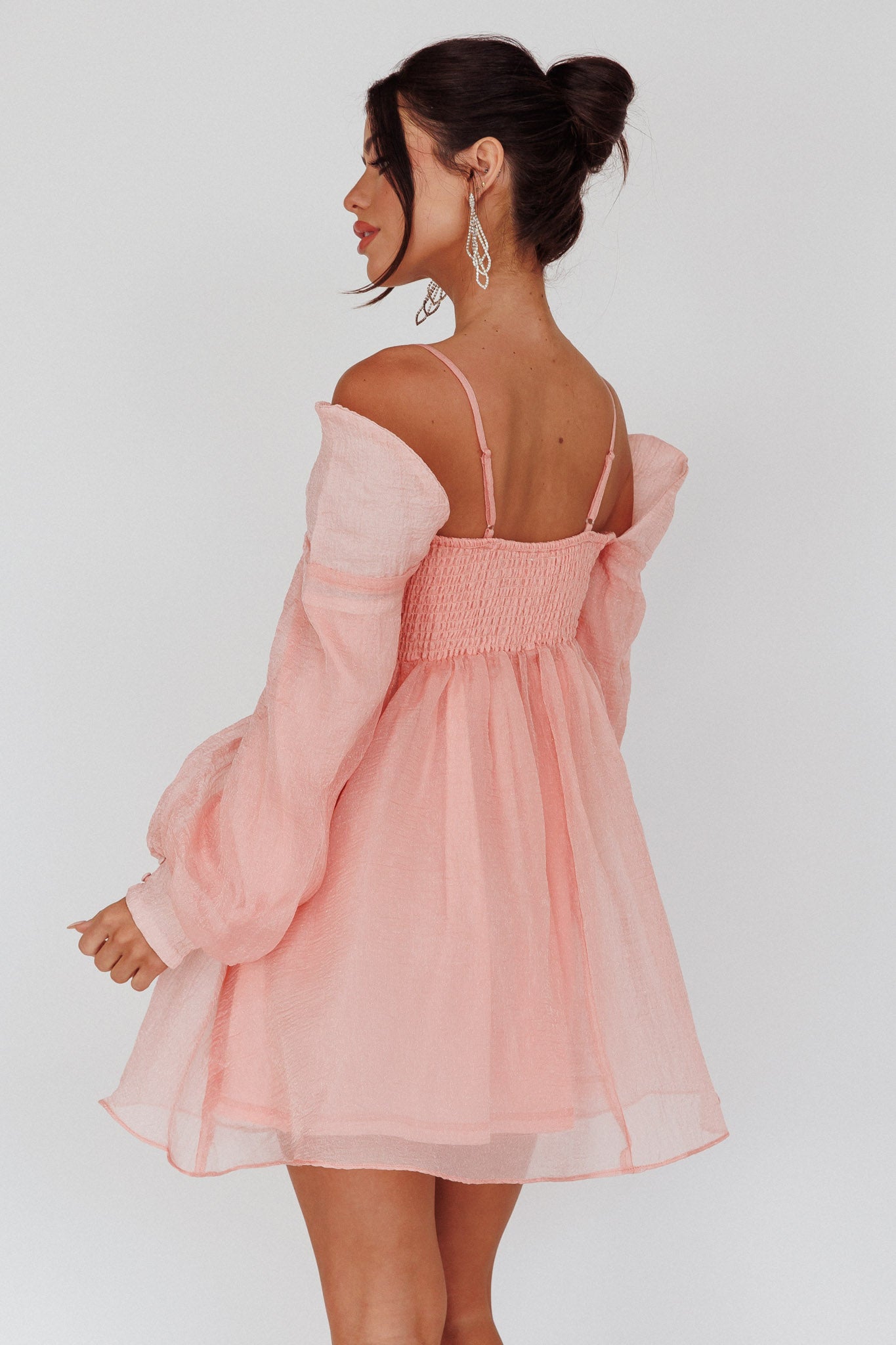 Yasi Long Sleeve Babydoll Mini Dress Peach-Maymioy