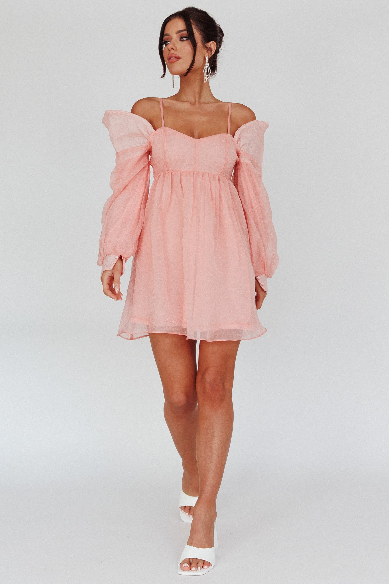 Yasi Long Sleeve Babydoll Mini Dress Peach-Maymioy