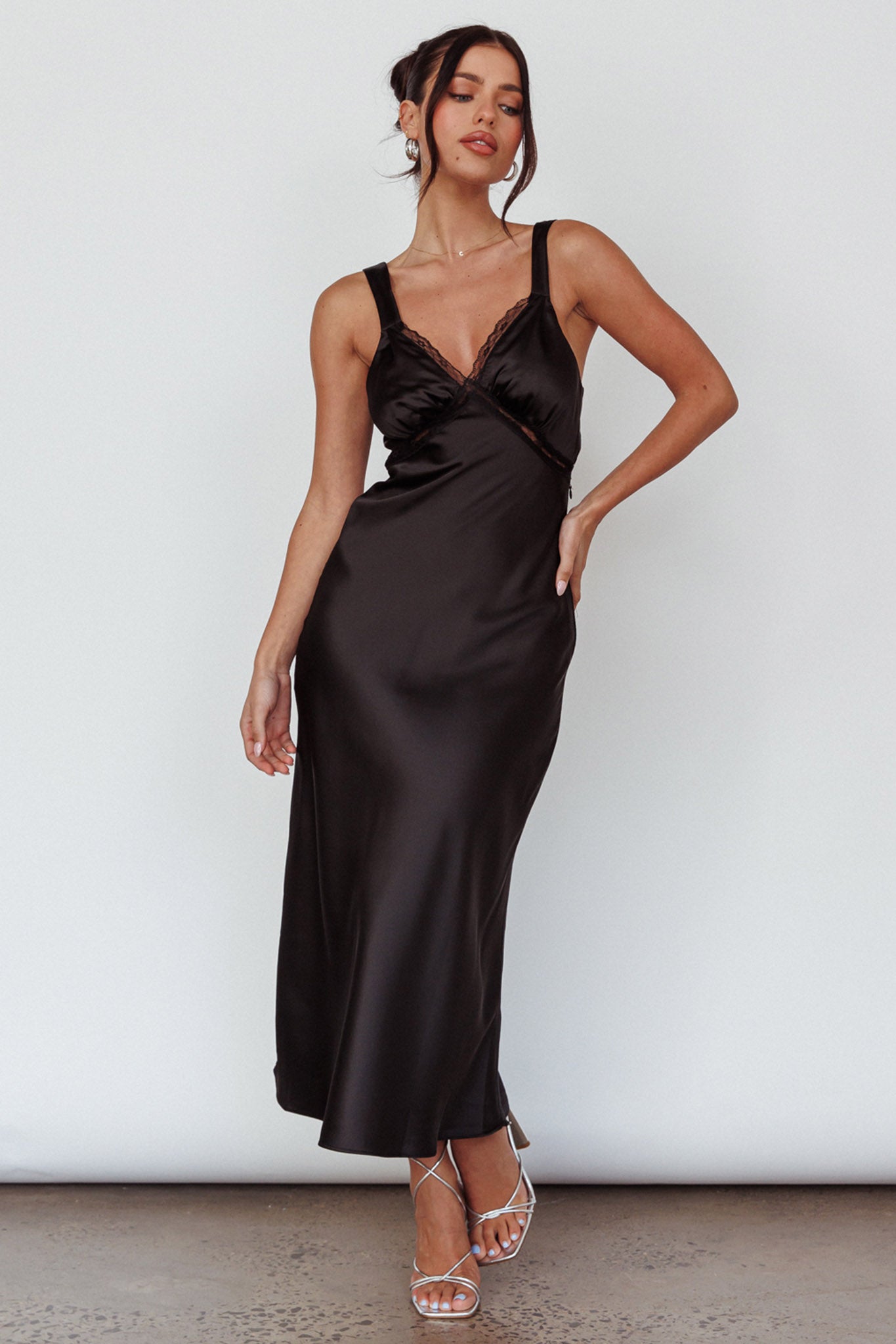 Nyah Lace Trim Midi Dress Black-Maymioy