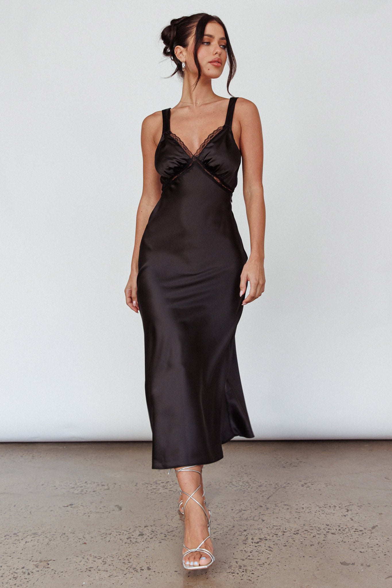 Nyah Lace Trim Midi Dress Black-Maymioy