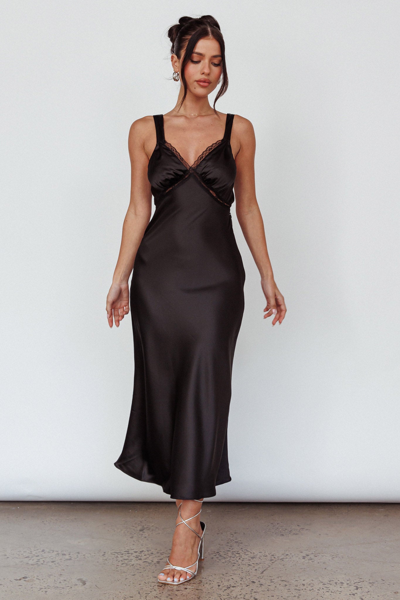 Nyah Lace Trim Midi Dress Black-Maymioy