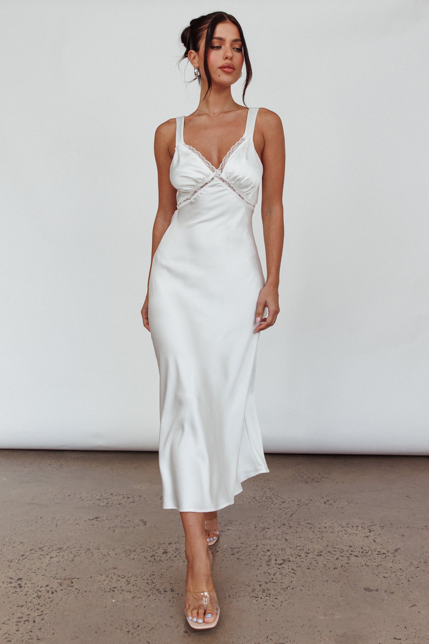 Nyah Lace Trim Midi Dress Off White-Maymioy