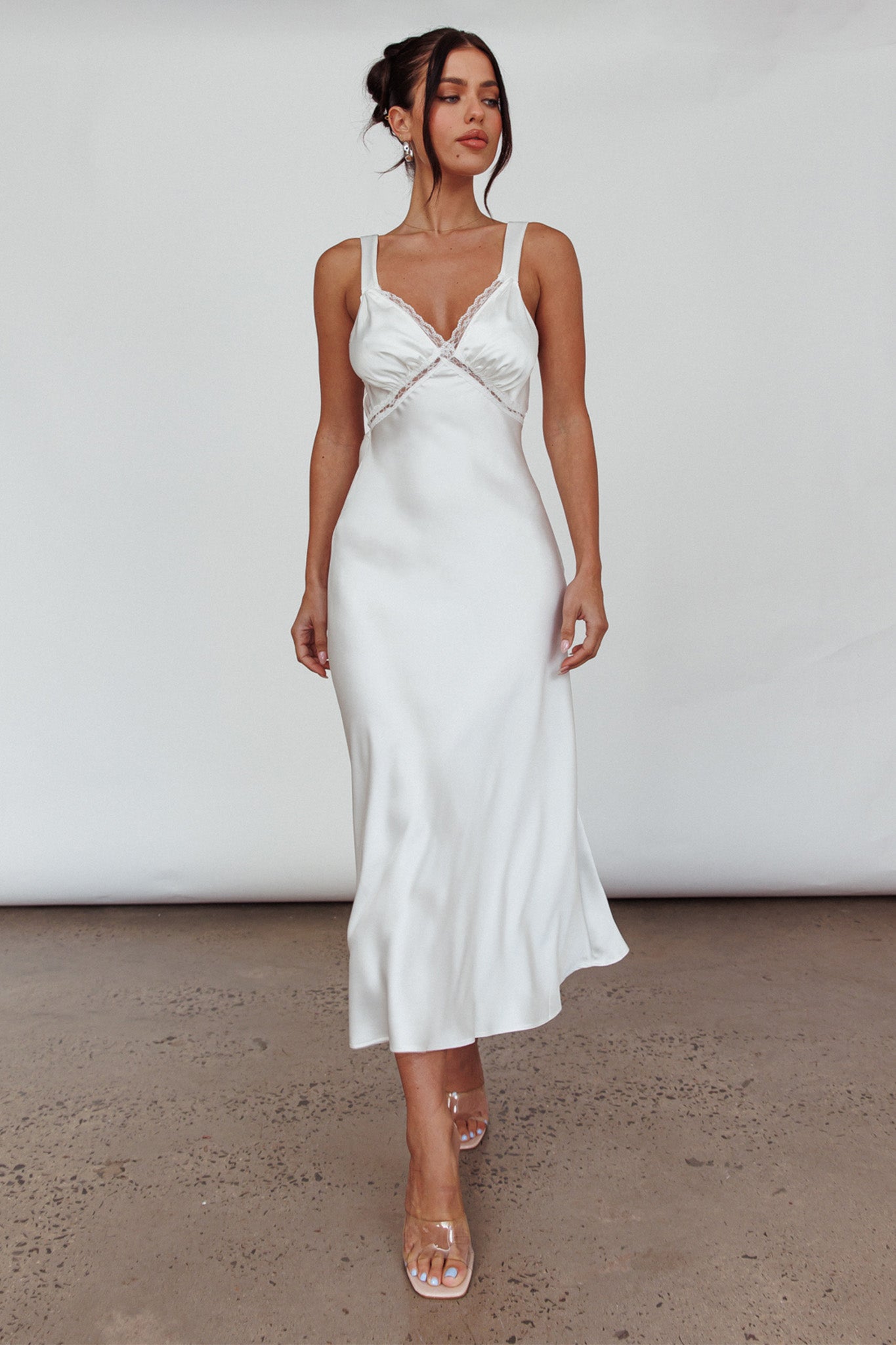Nyah Lace Trim Midi Dress Off White-Maymioy