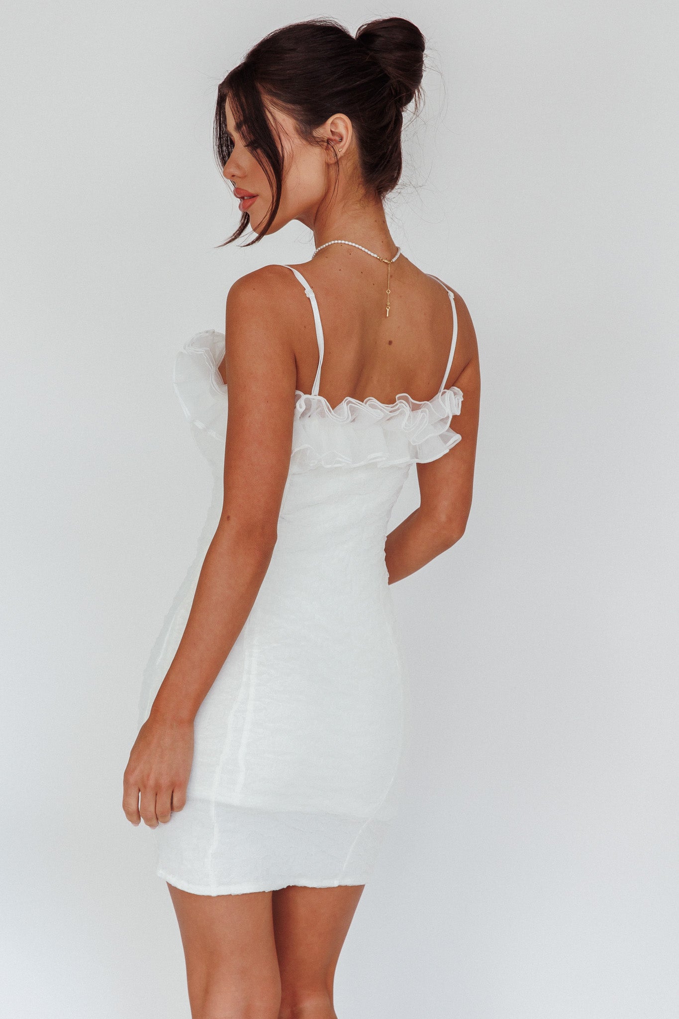 For The Frills Tulle Neckline Mini Dress Off White-Maymioy