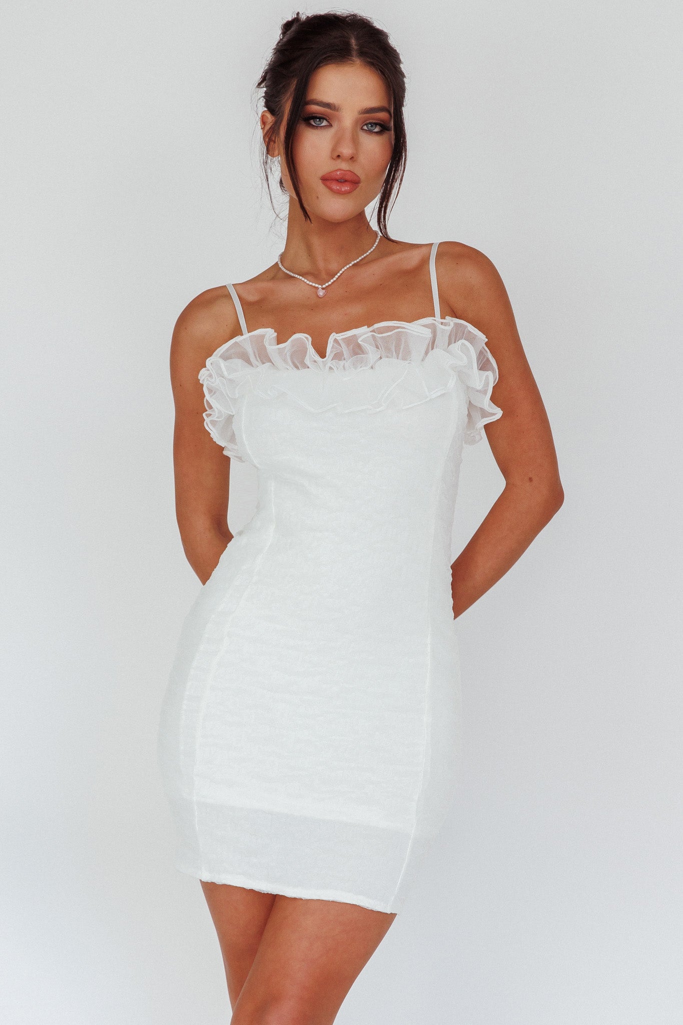 For The Frills Tulle Neckline Mini Dress Off White-Maymioy