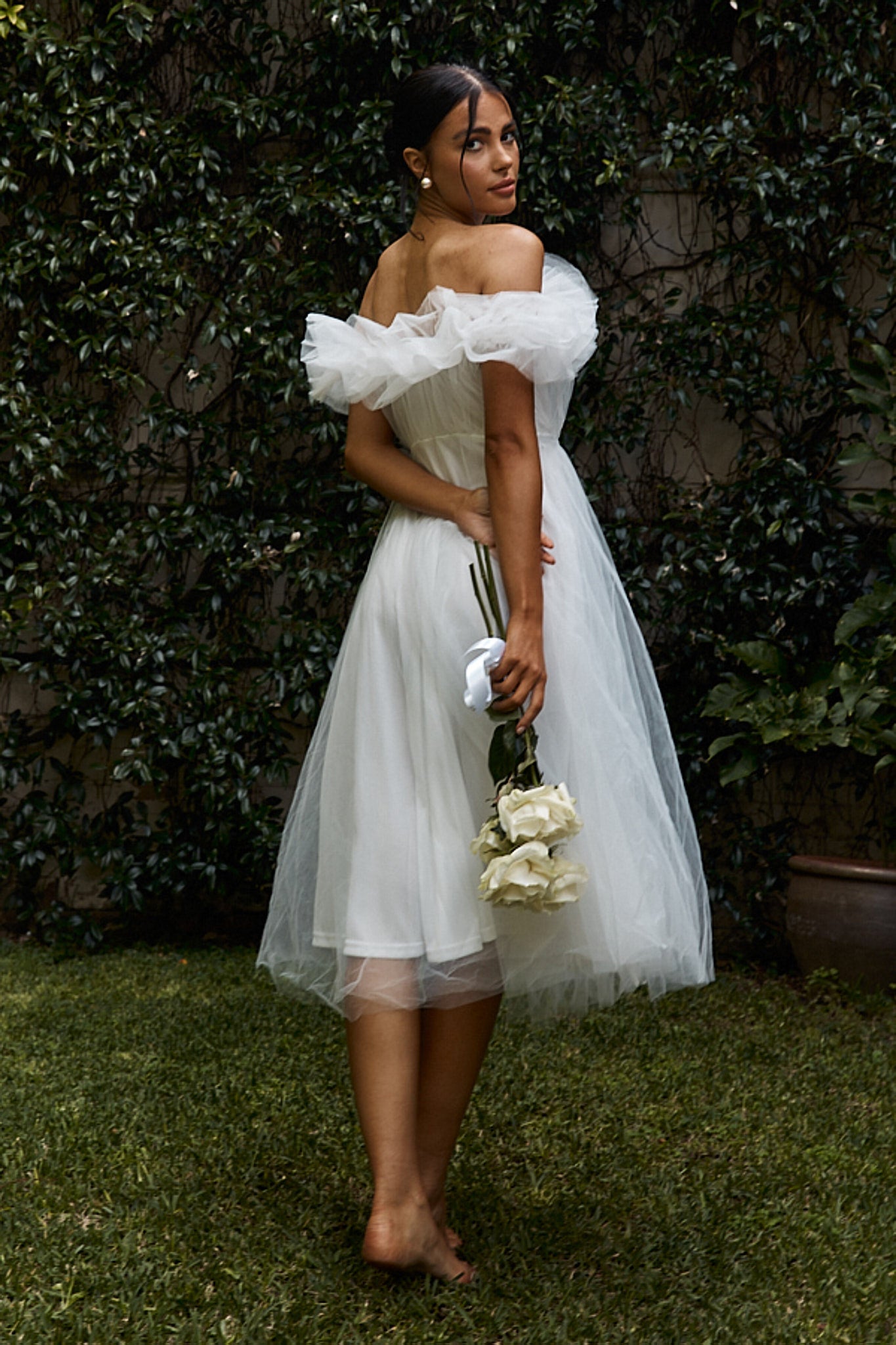 May Rose Off-Shoulder Tulle Midi Dress Off White-Maymioy