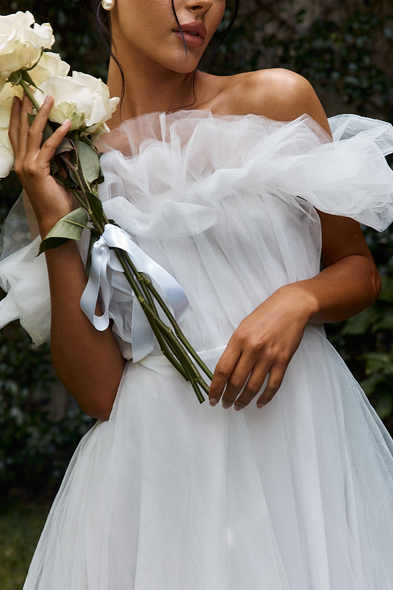 May Rose Off-Shoulder Tulle Midi Dress Off White-Maymioy
