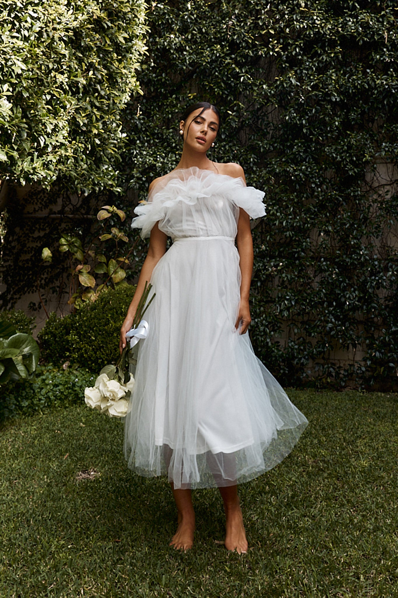May Rose Off-Shoulder Tulle Midi Dress Off White-Maymioy