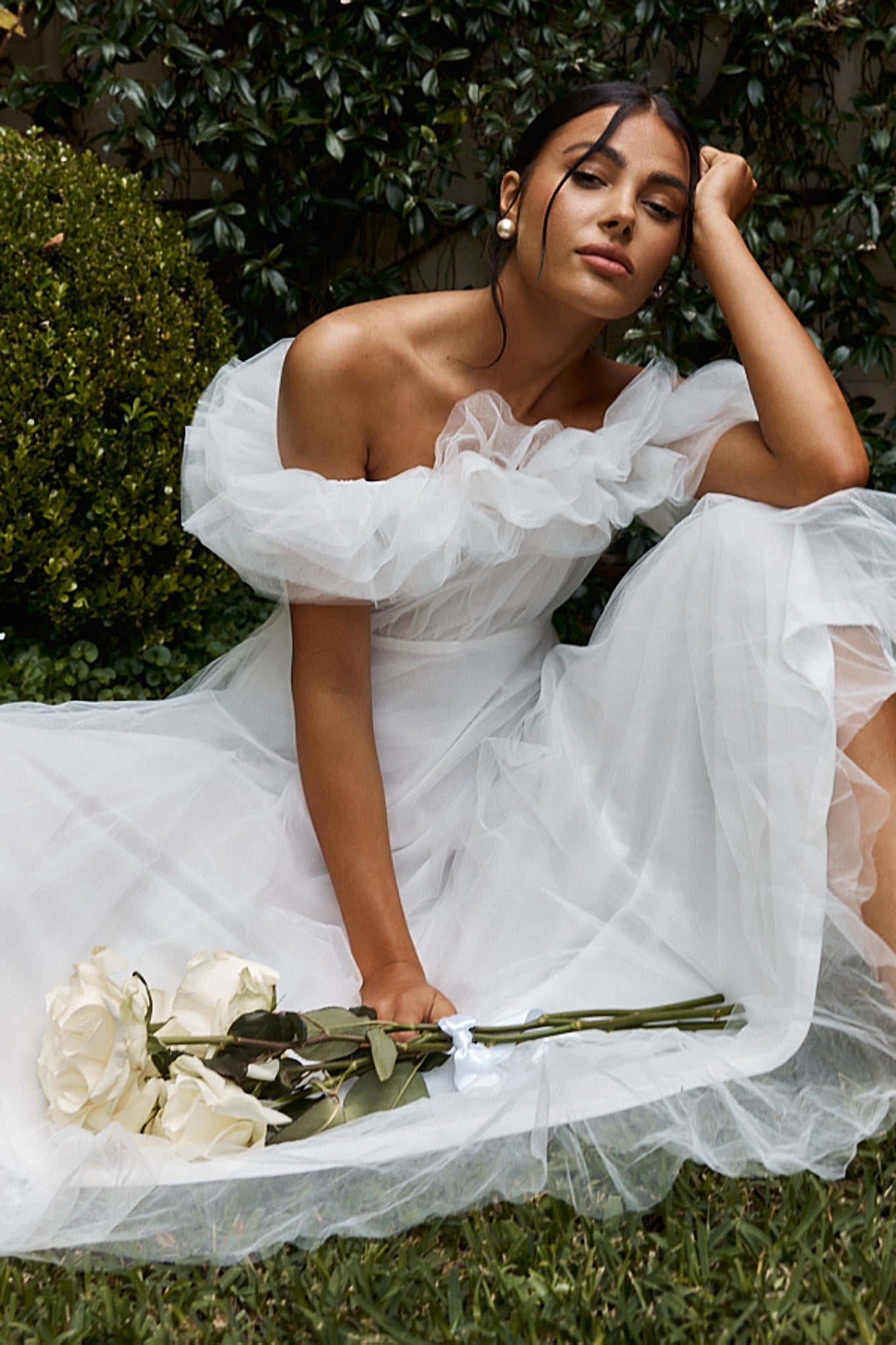 May Rose Off-Shoulder Tulle Midi Dress Off White-Maymioy