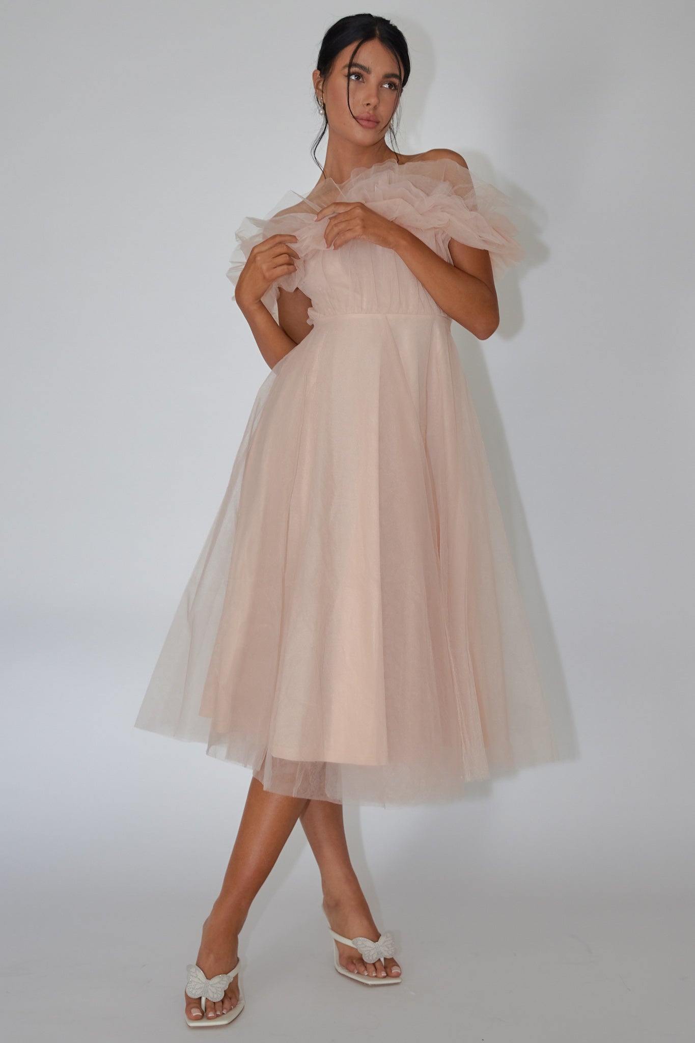 May Rose Off-Shoulder Tulle Midi Dress Taupe-Maymioy