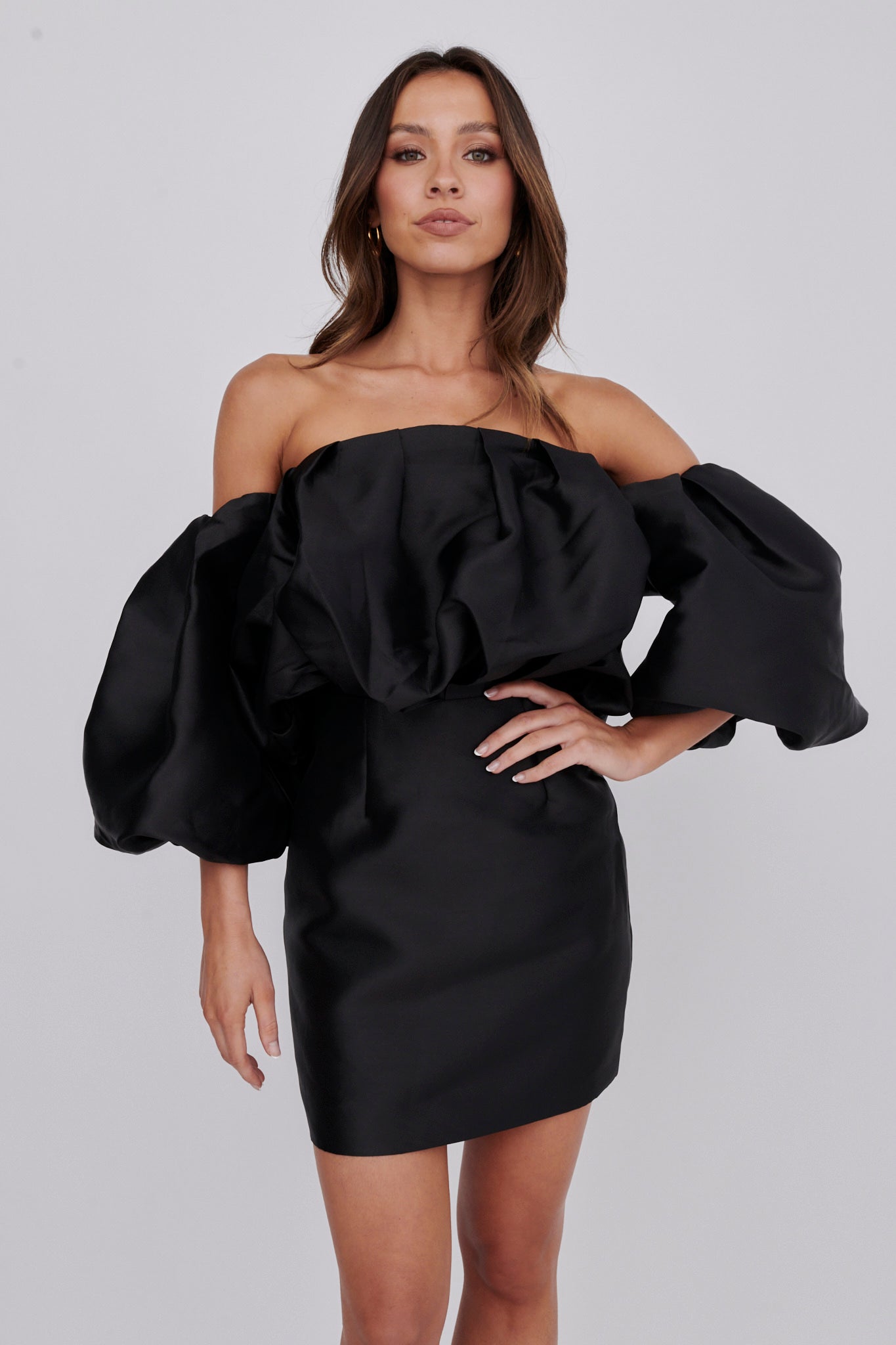 Dream Time Puffed Neckline Mini Dress Black-Maymioy