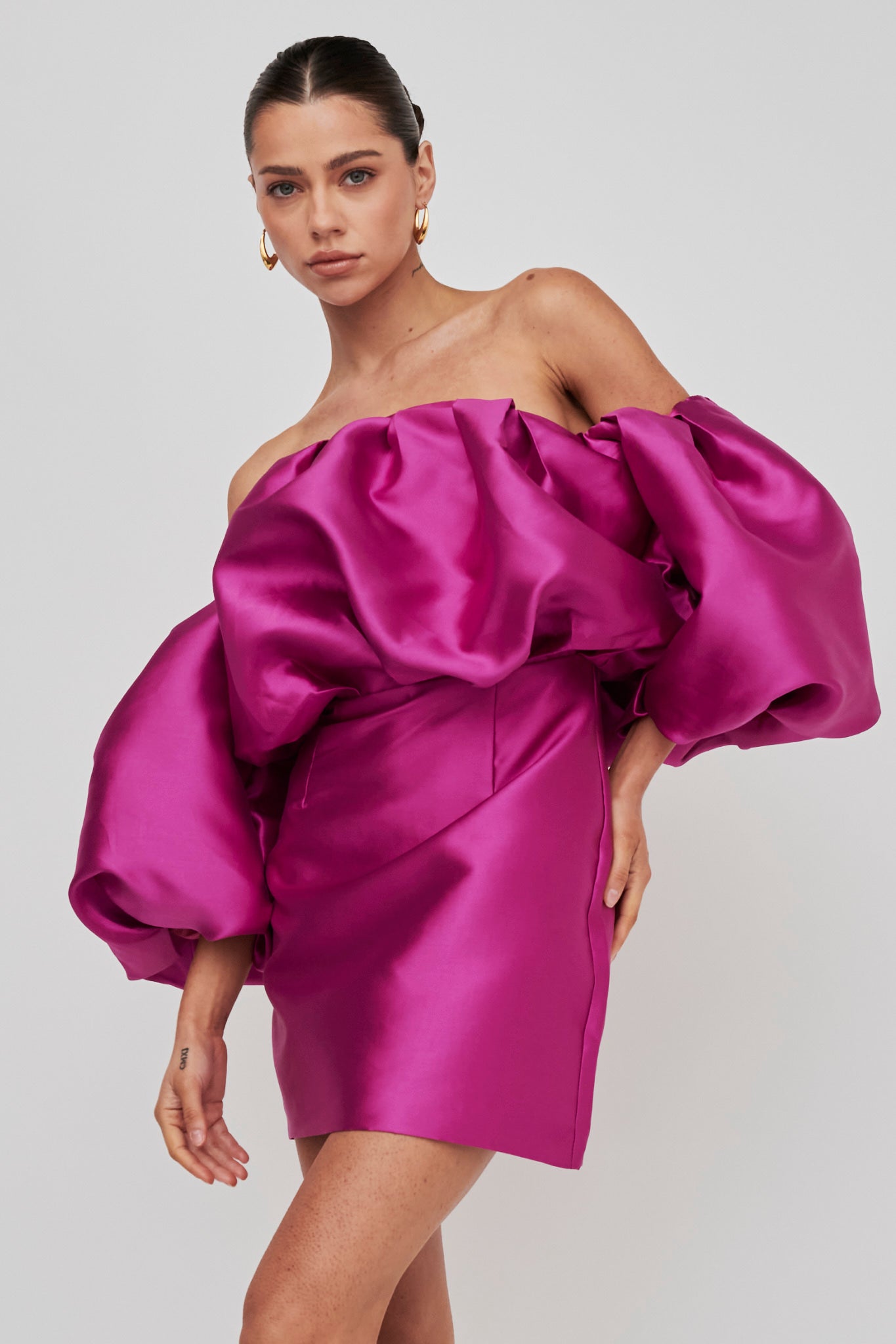 Dream Time Puffed Neckline Mini Dress Magenta-Maymioy