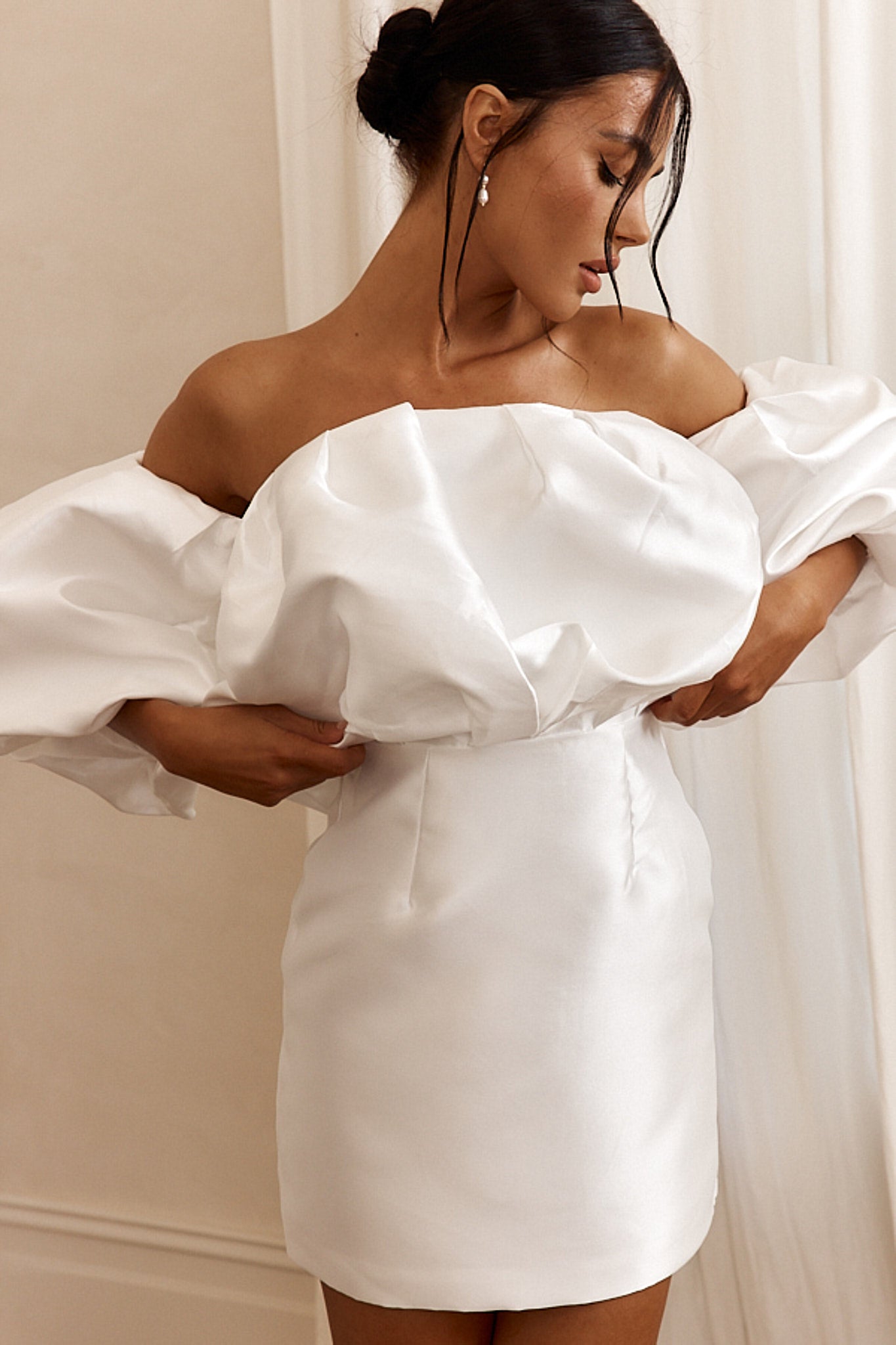 Dream Time Puffed Neckline Mini Dress Off White-Maymioy