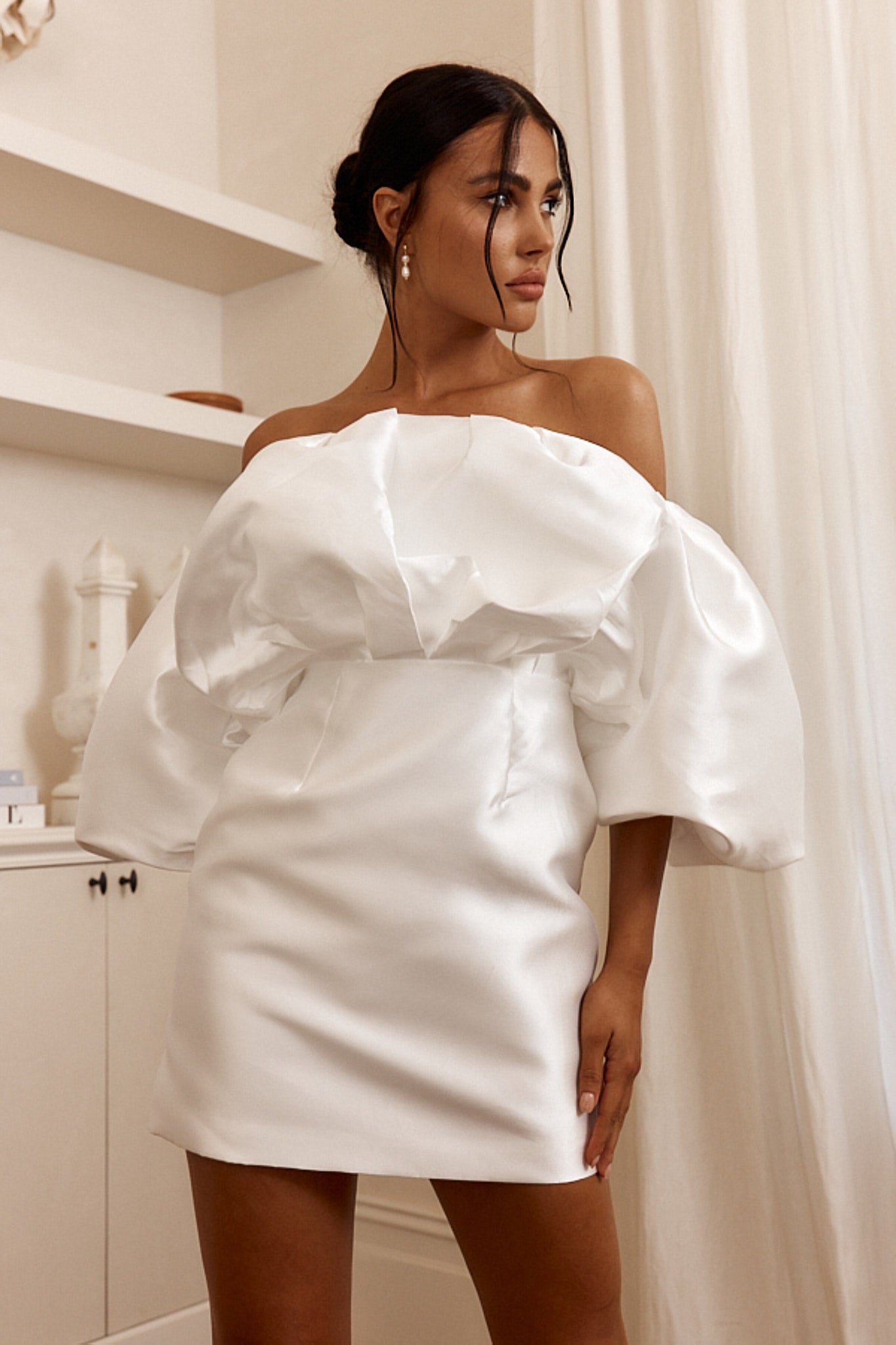 Dream Time Puffed Neckline Mini Dress Off White-Maymioy