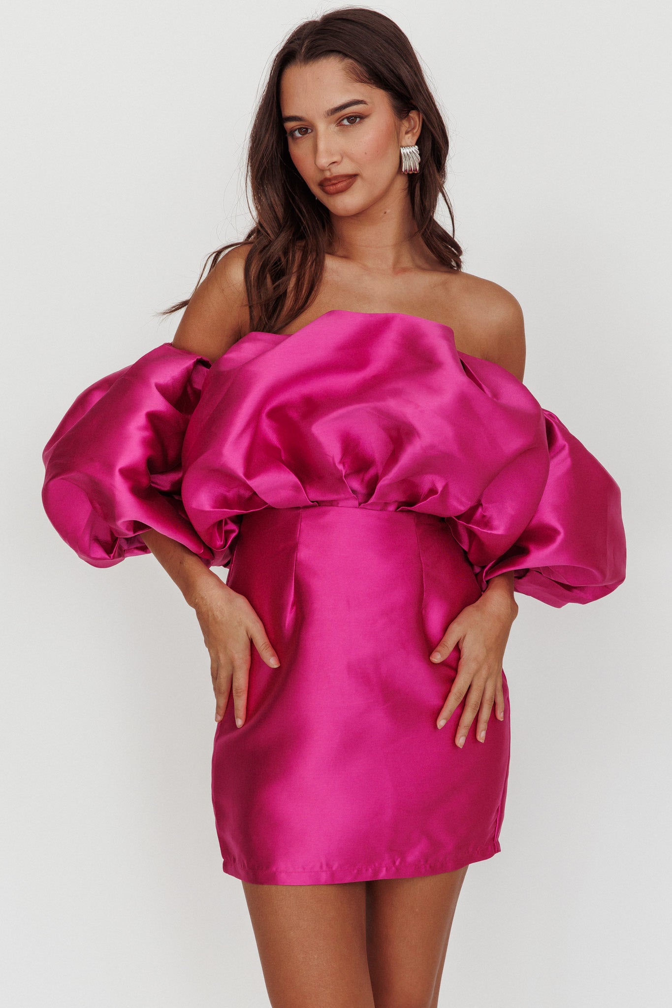 Dream Time Puffed Neckline Mini Dress Magenta-Maymioy