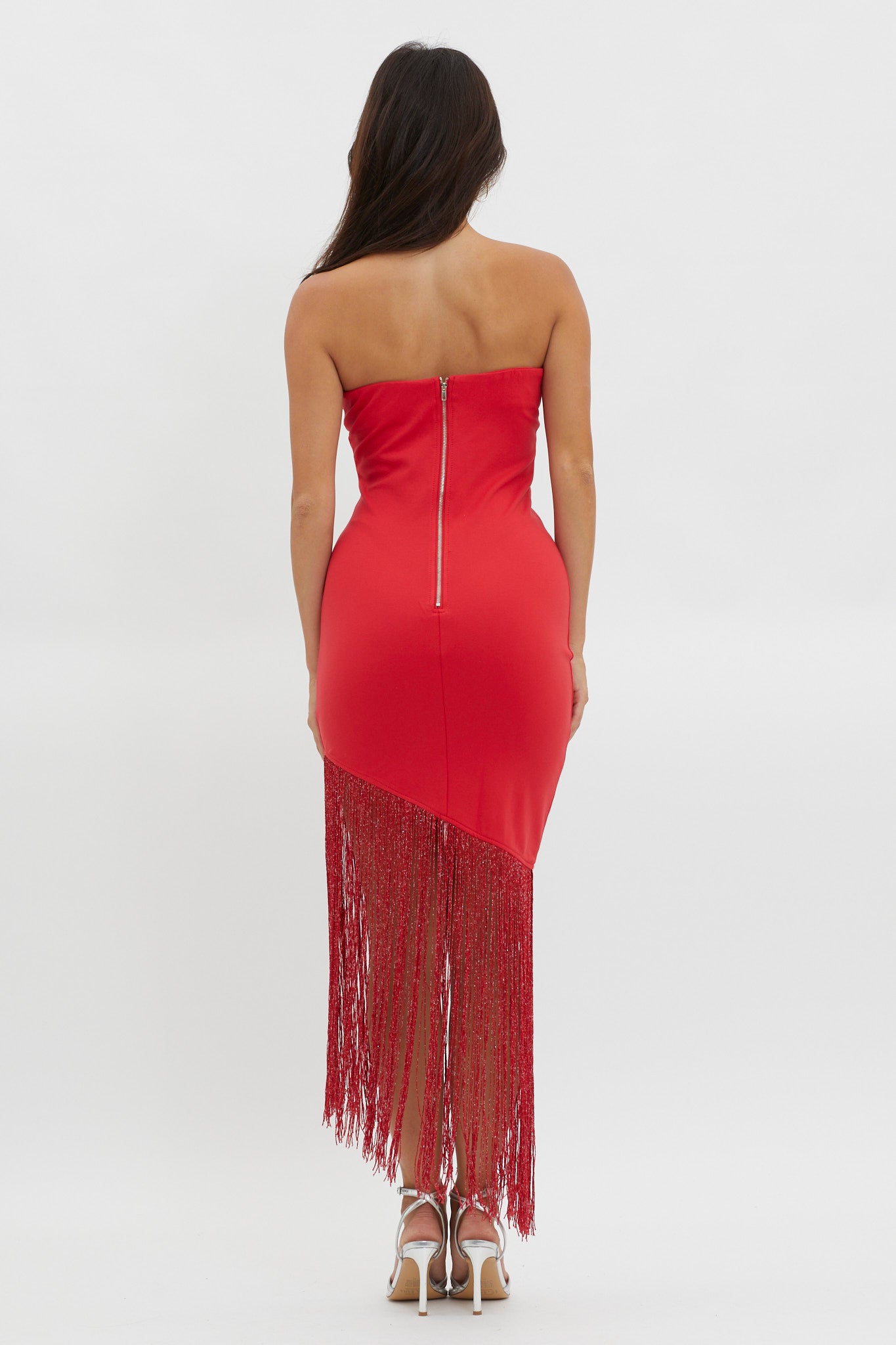 Glitz Asymmetrical Fringe Hem Dress Red-Maymioy