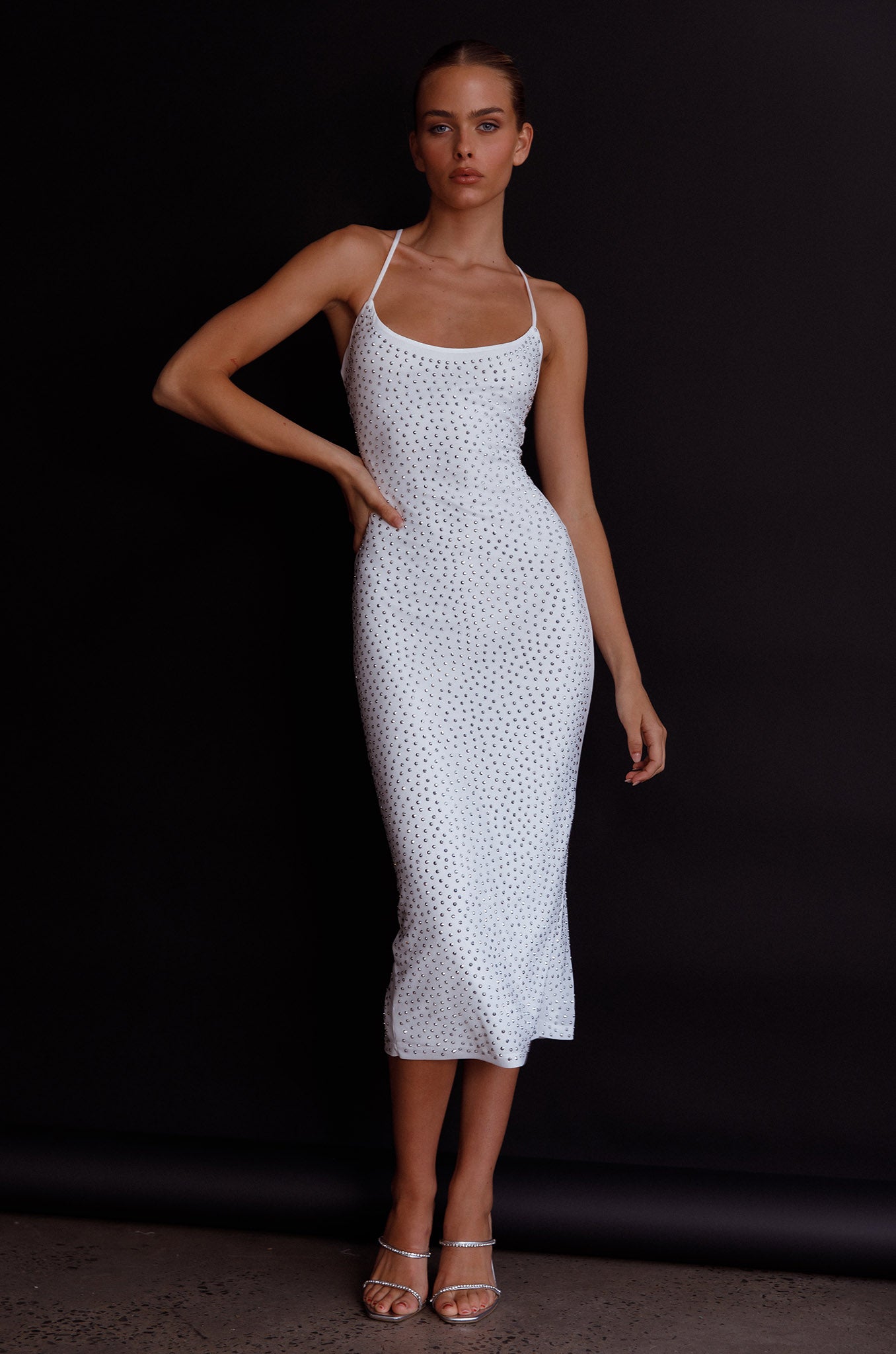 Goodnight Kiss Strappy Back Embellished Midi Dress Ivory-Maymioy
