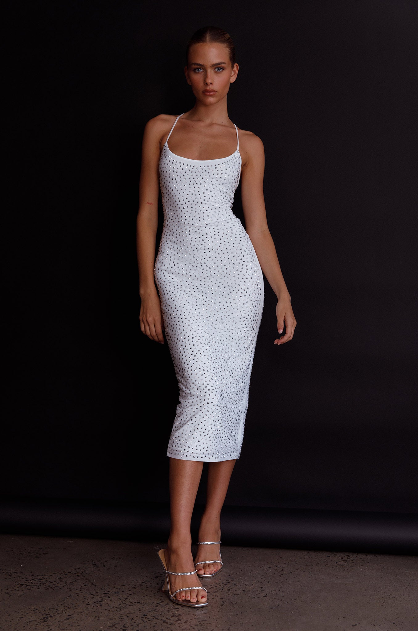 Goodnight Kiss Strappy Back Embellished Midi Dress Ivory-Maymioy
