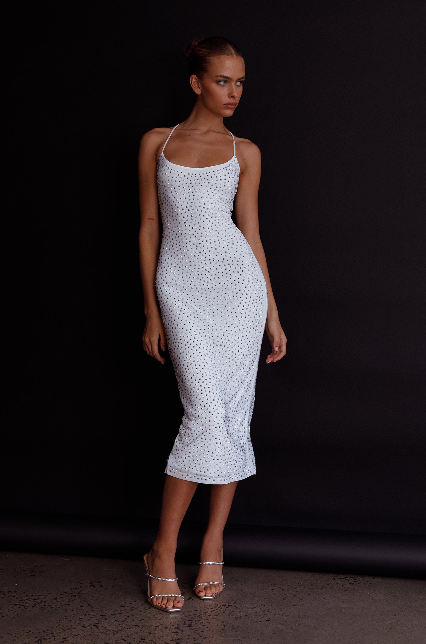 Goodnight Kiss Strappy Back Embellished Midi Dress Ivory-Maymioy