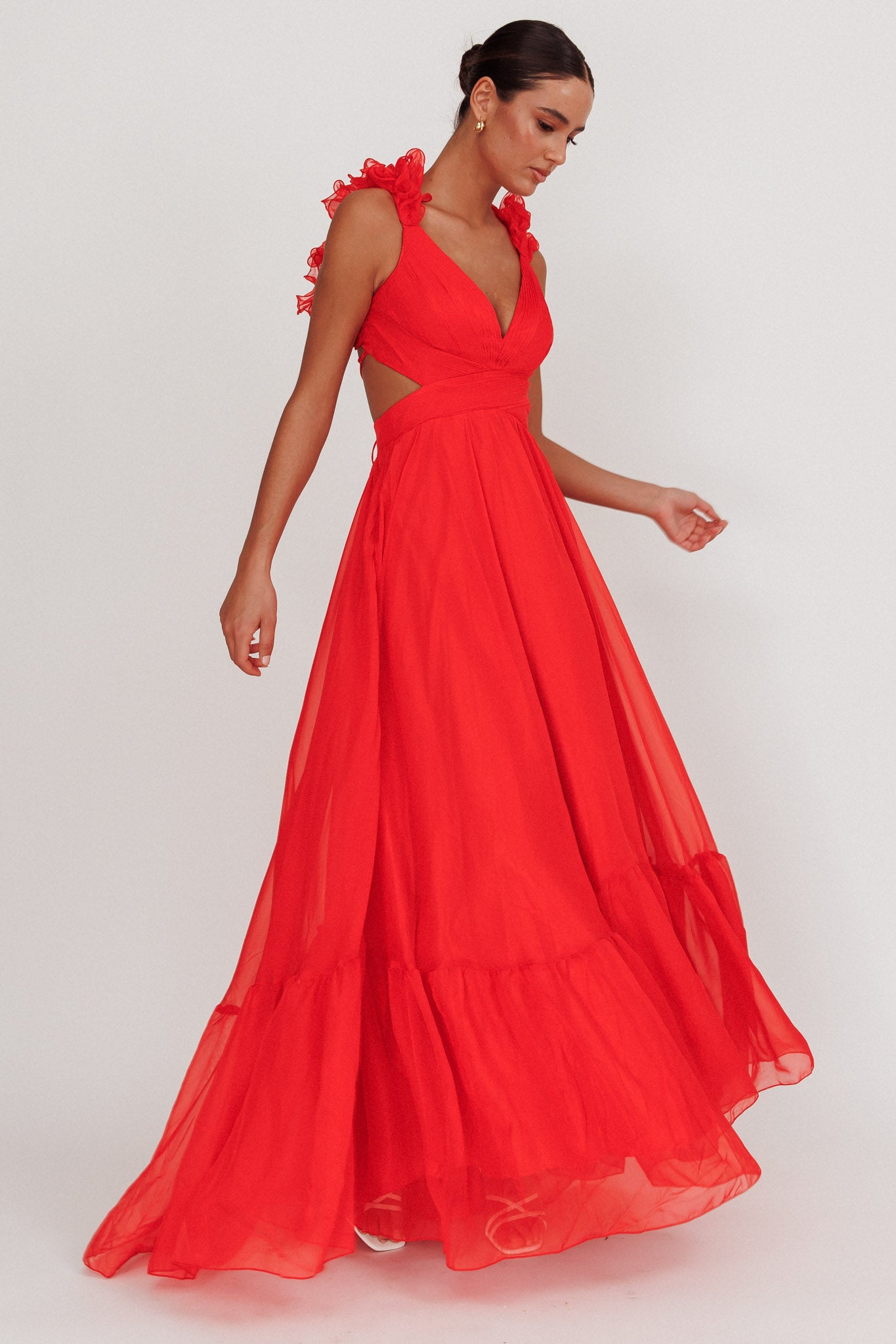 Bellamy Lace-Up Back Ruffle Maxi Dress Red-Maymioy
