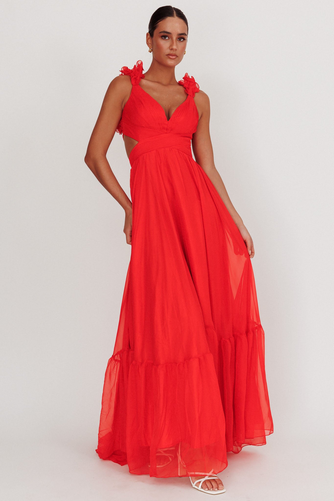 Bellamy Lace-Up Back Ruffle Maxi Dress Red-Maymioy