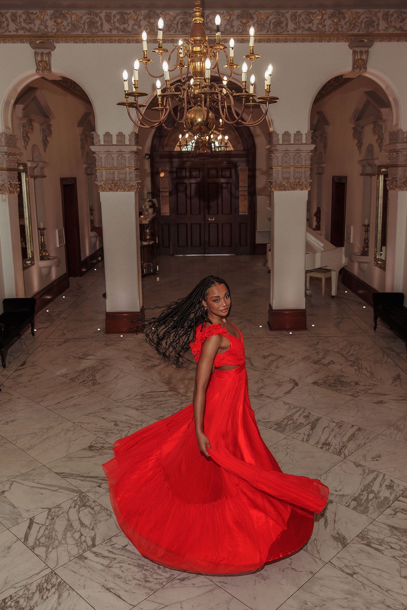 Bellamy Lace-Up Back Ruffle Maxi Dress Red-Maymioy