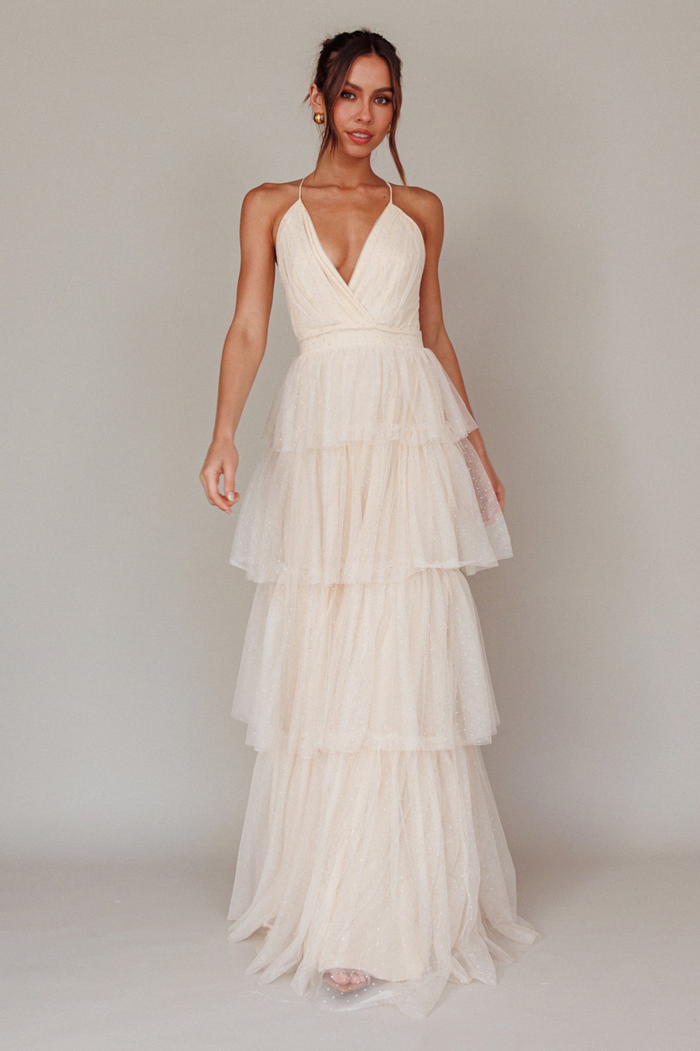 Seylah Tiered Frill Maxi Dress Glitter Cream-Maymioy