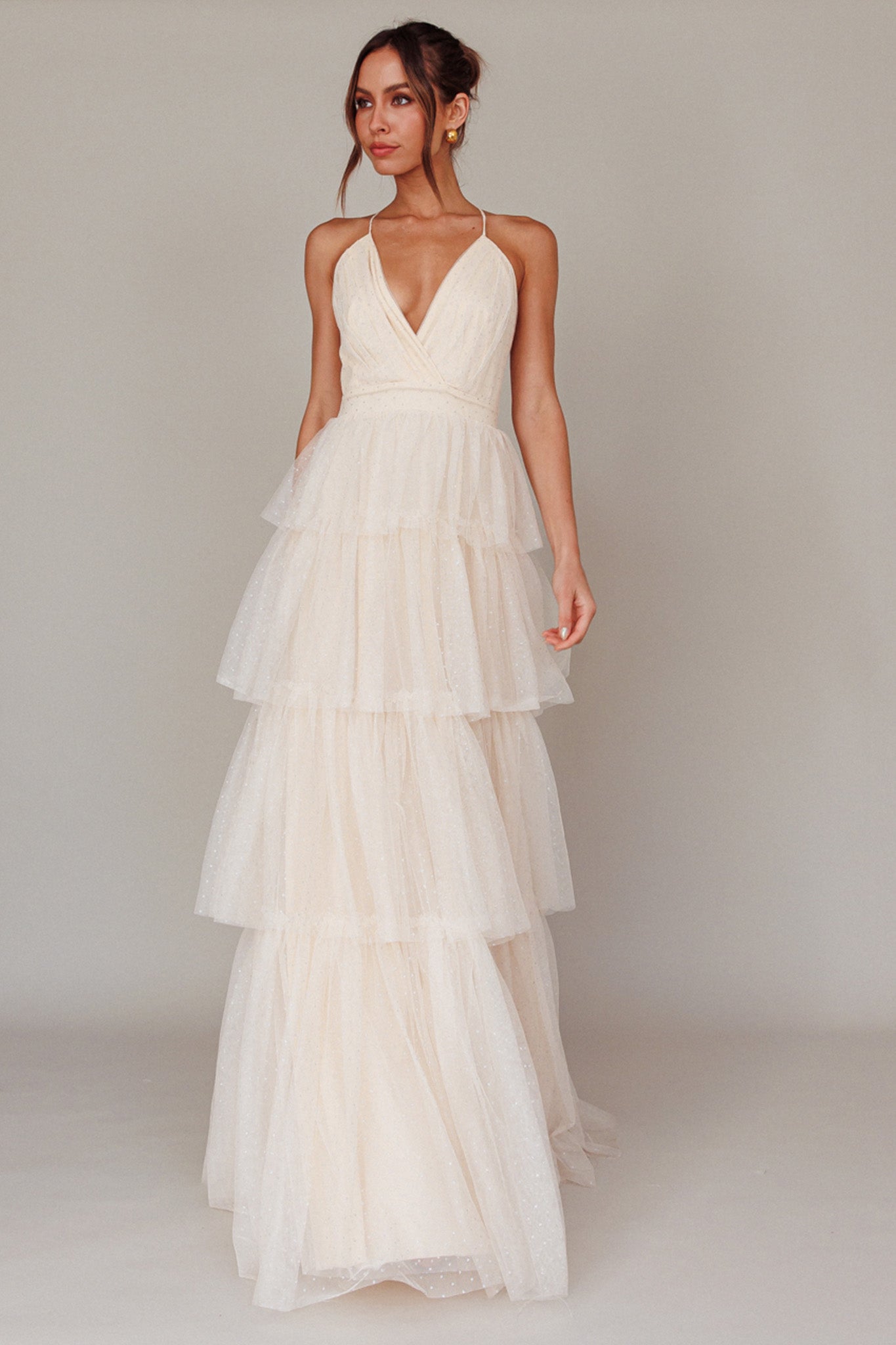 Seylah Tiered Frill Maxi Dress Glitter Cream-Maymioy