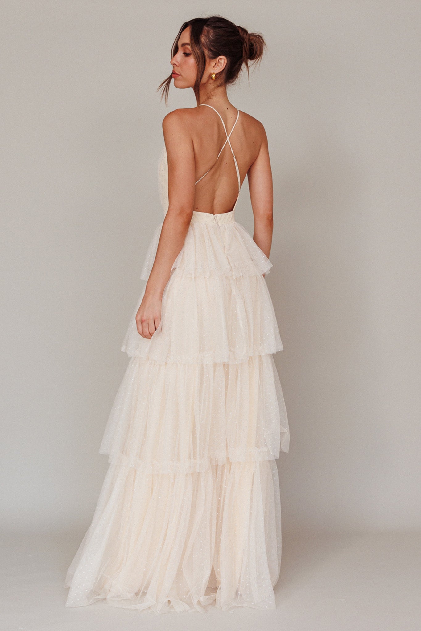 Seylah Tiered Frill Maxi Dress Glitter Cream-Maymioy