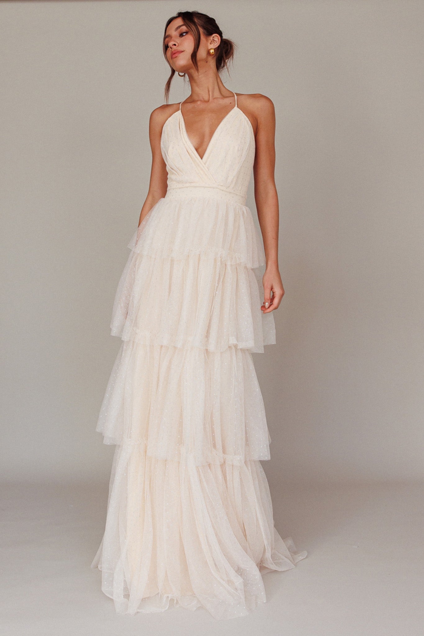Seylah Tiered Frill Maxi Dress Glitter Cream-Maymioy