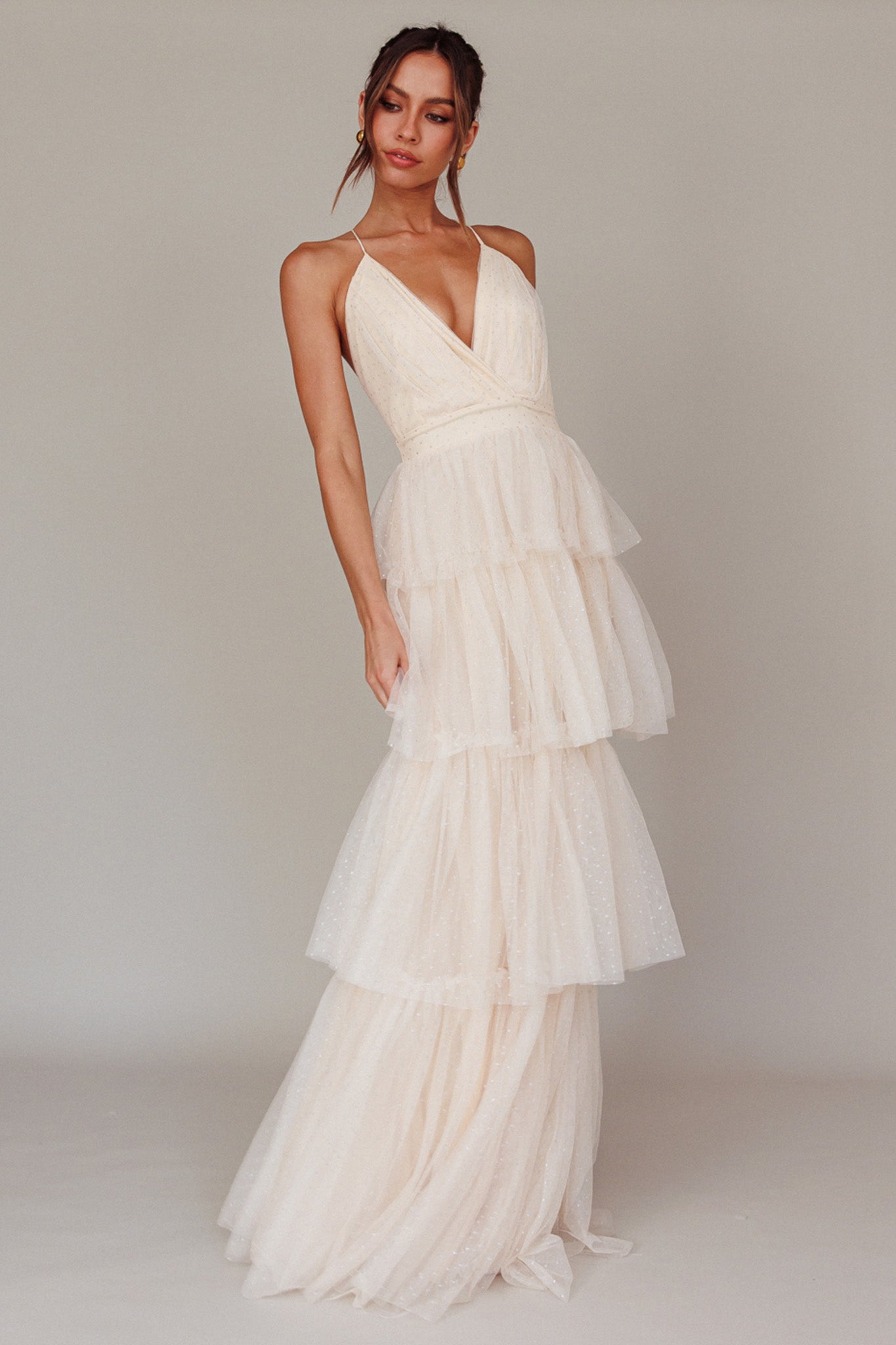 Seylah Tiered Frill Maxi Dress Glitter Cream-Maymioy