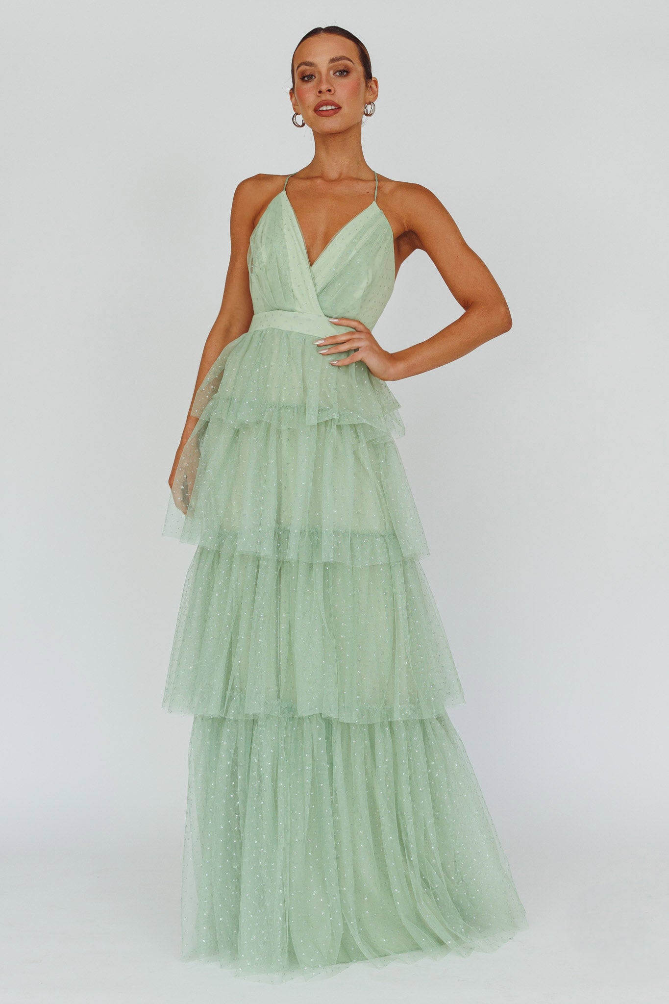 Seylah Tiered Frill Maxi Dress Glitter Sage-Maymioy