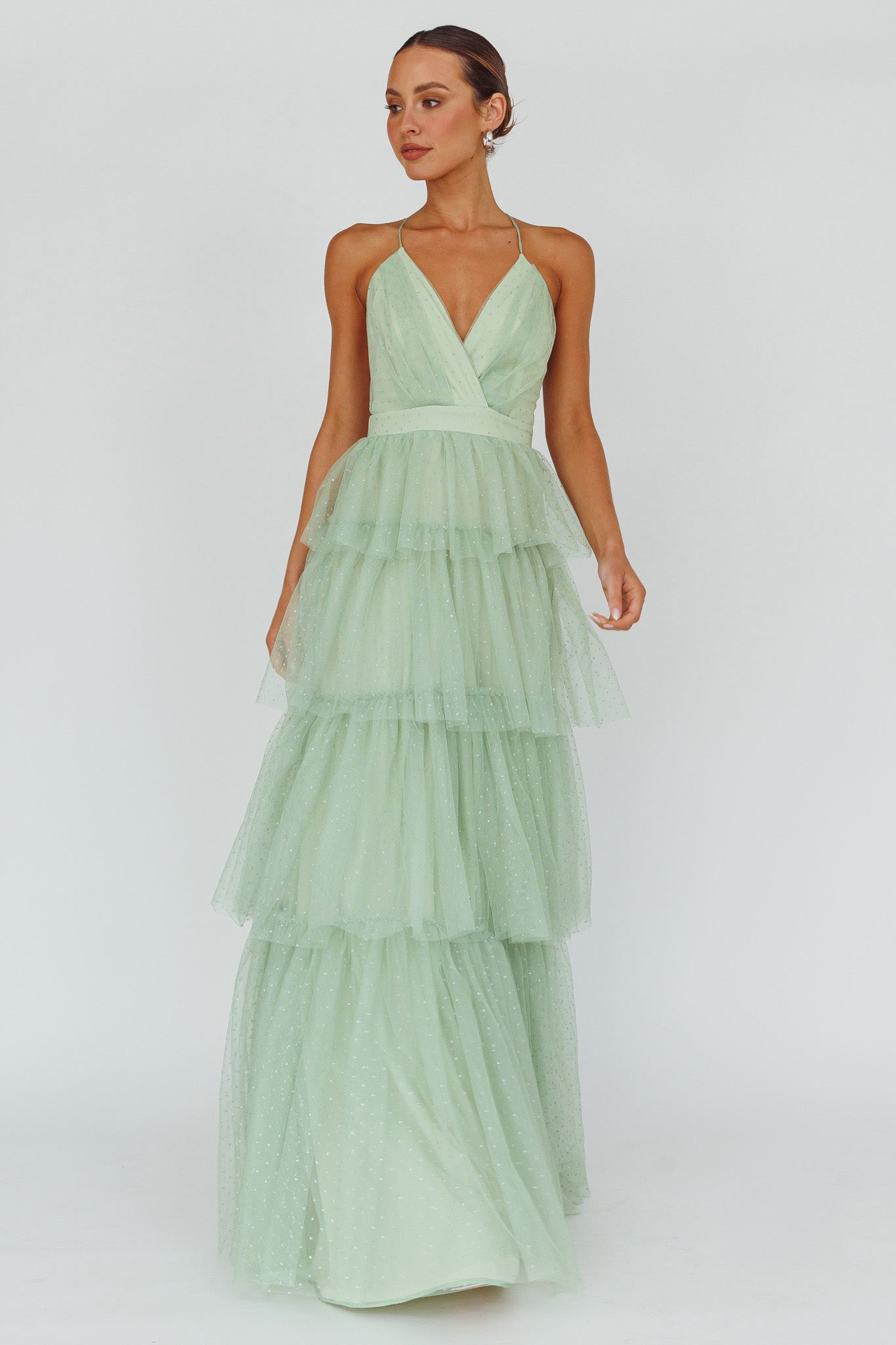 Seylah Tiered Frill Maxi Dress Glitter Sage-Maymioy