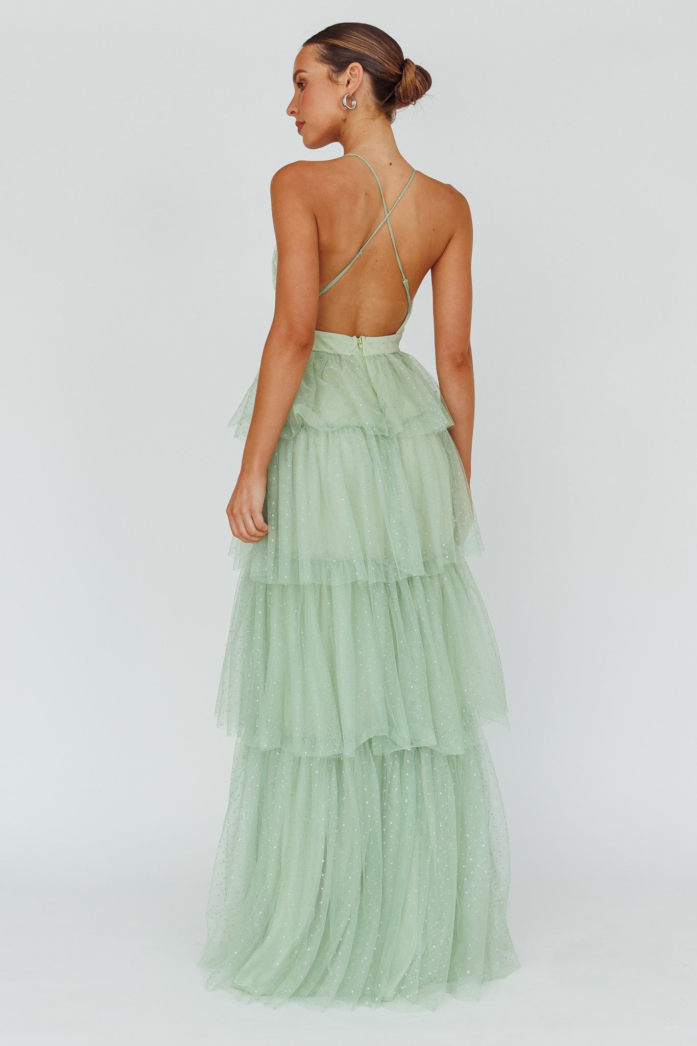 Seylah Tiered Frill Maxi Dress Glitter Sage-Maymioy