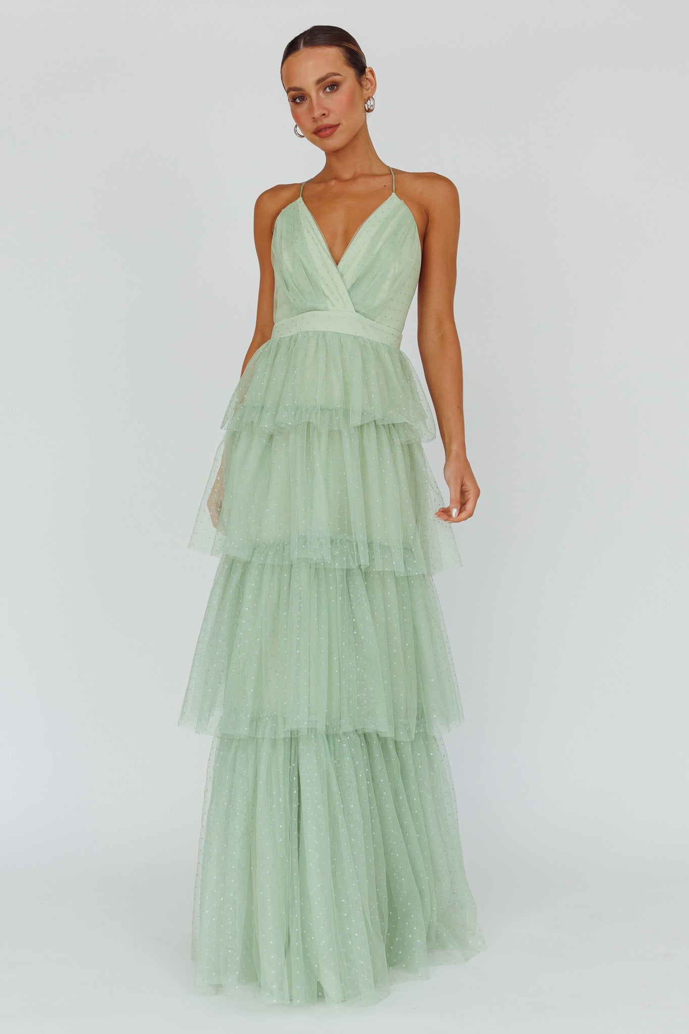 Seylah Tiered Frill Maxi Dress Glitter Sage-Maymioy