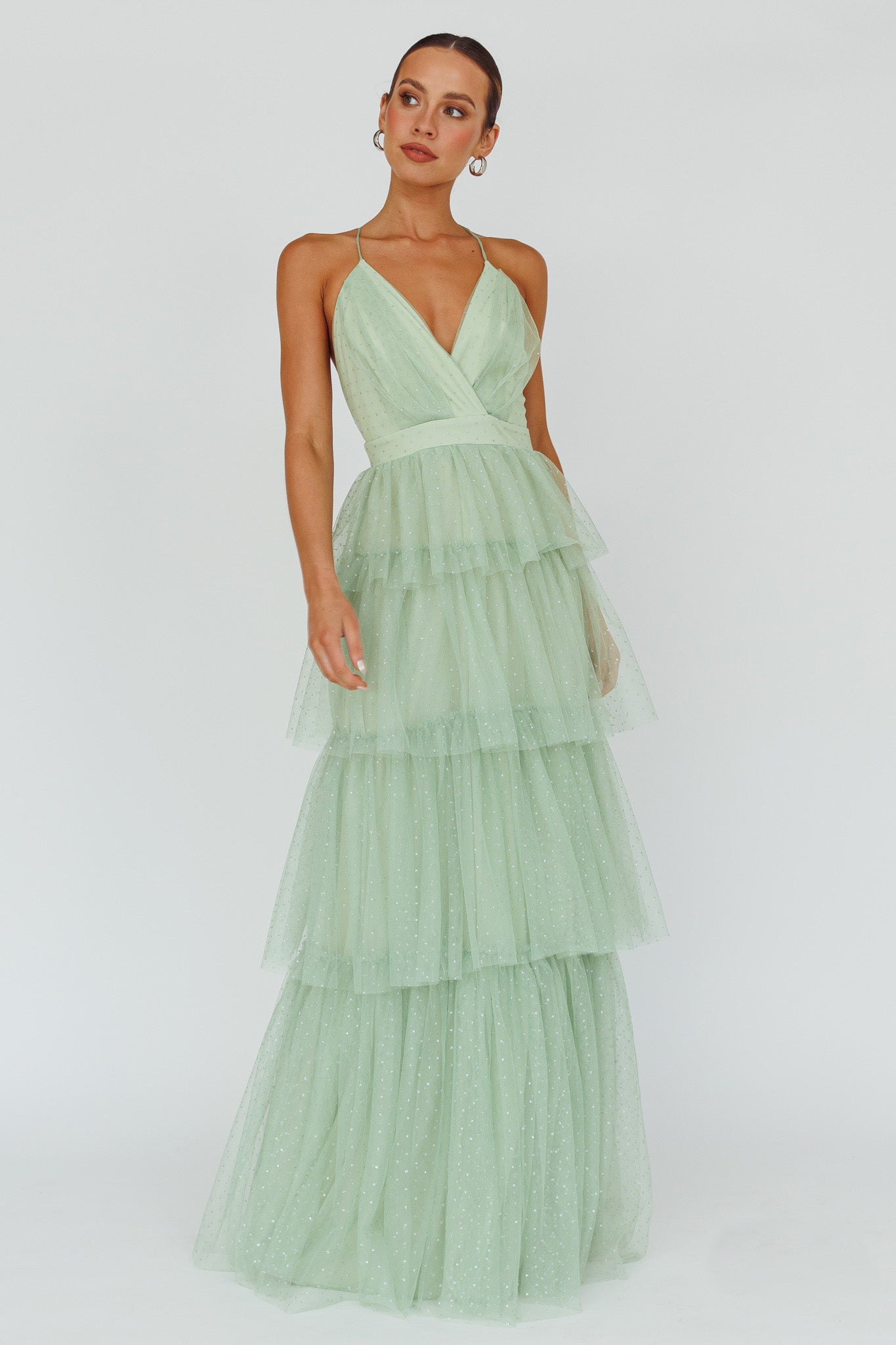 Seylah Tiered Frill Maxi Dress Glitter Sage-Maymioy