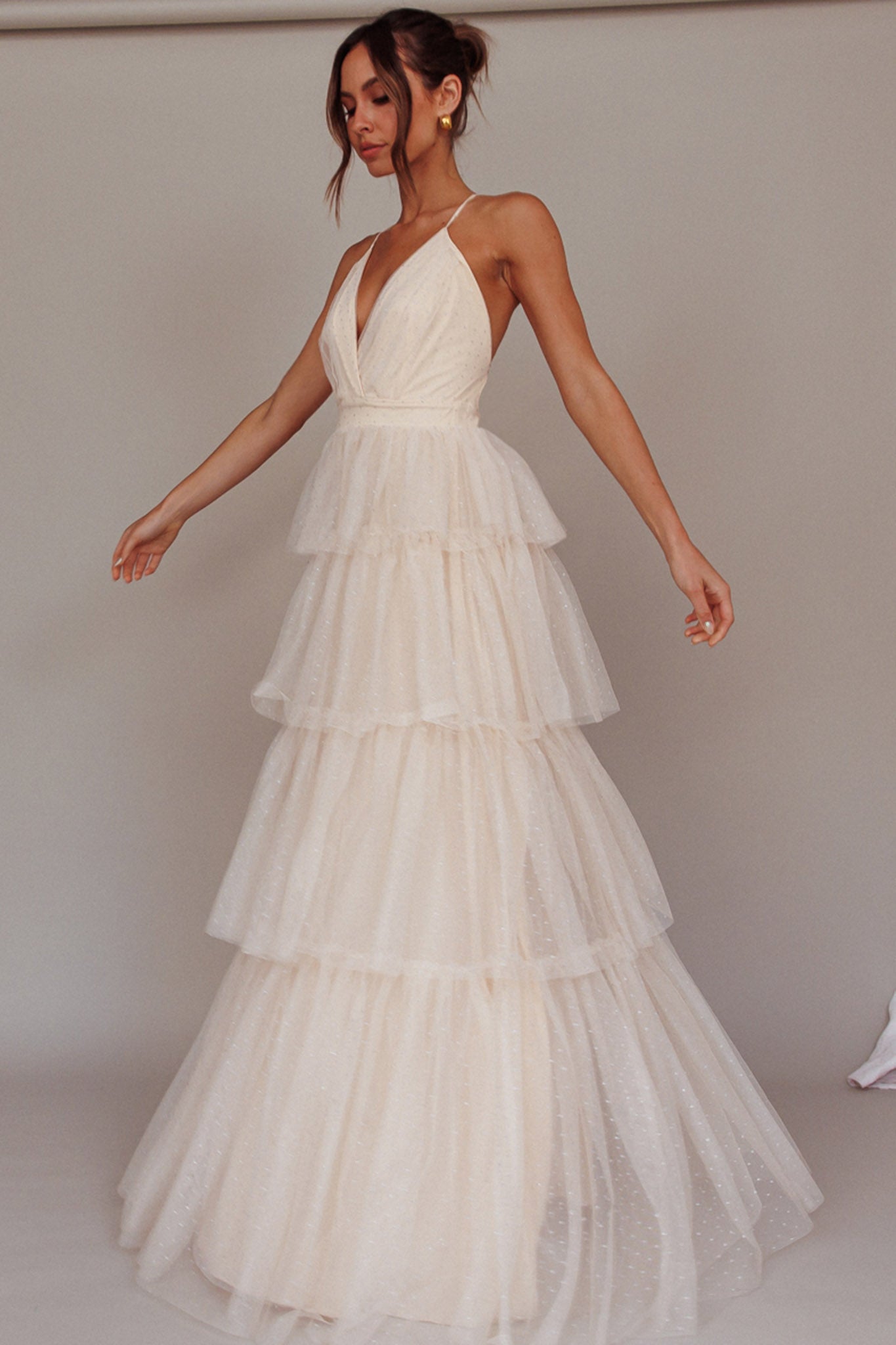 Seylah Tiered Frill Maxi Dress Glitter Cream-Maymioy