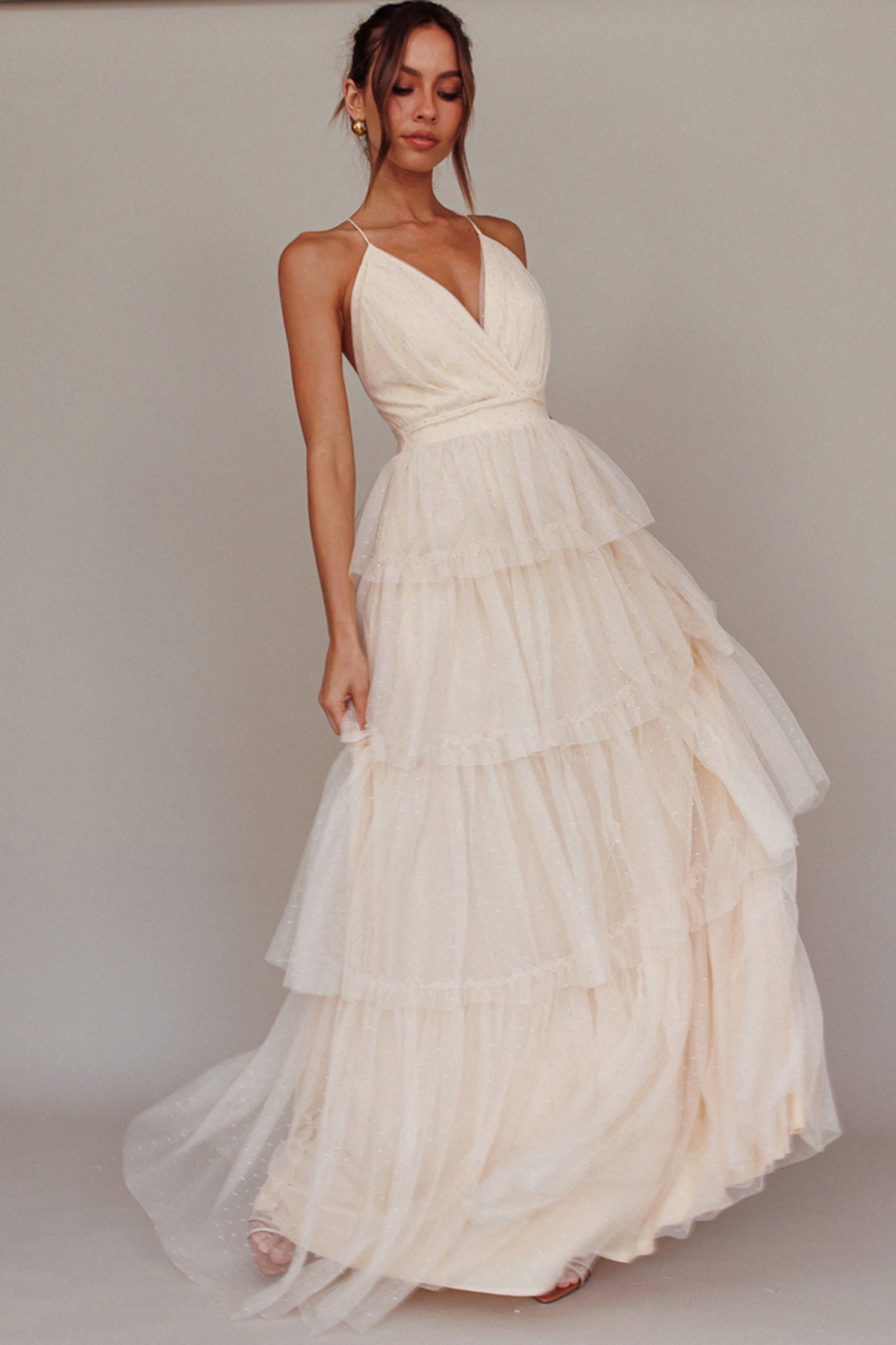 Seylah Tiered Frill Maxi Dress Glitter Cream-Maymioy