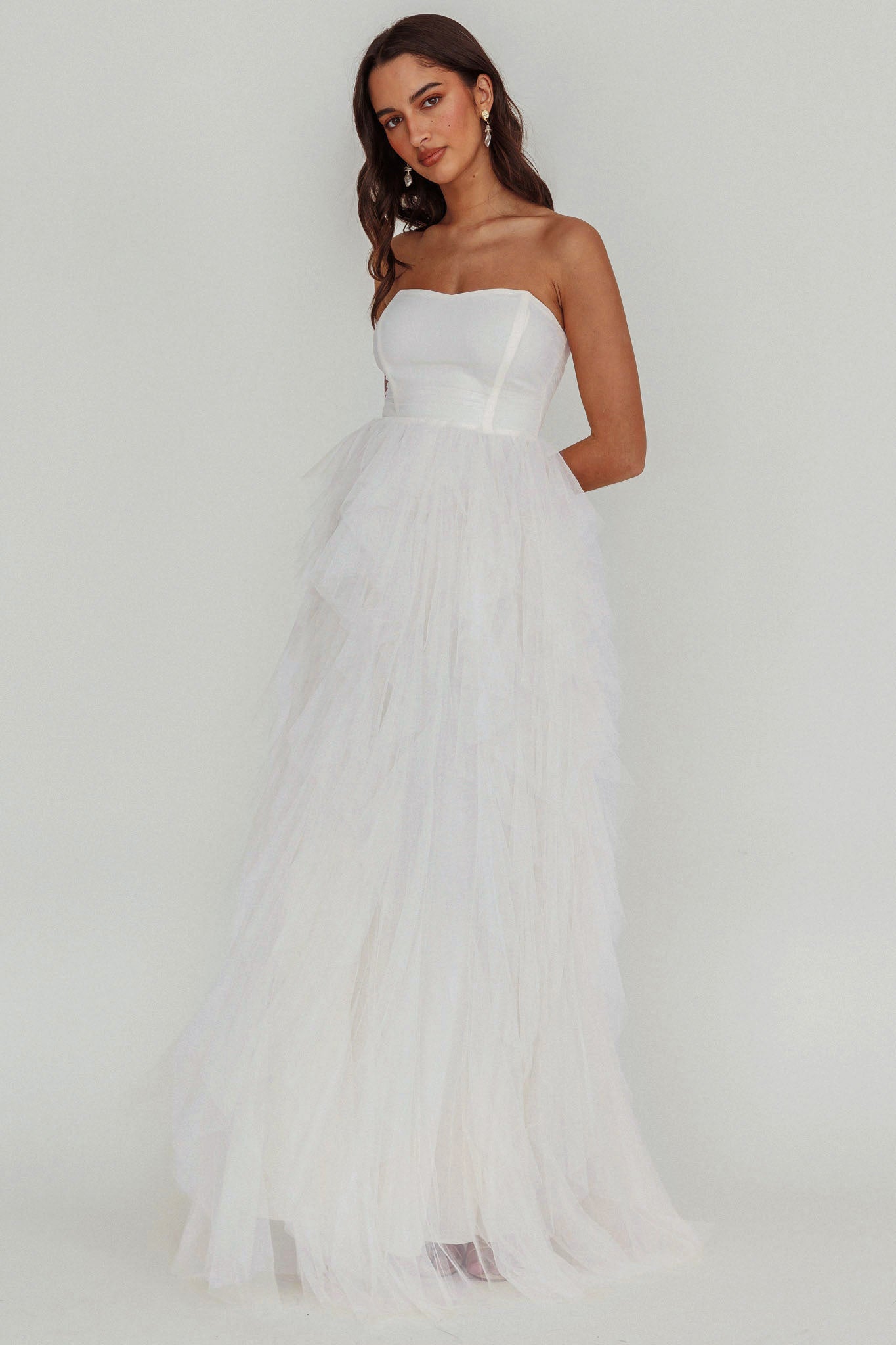 Rori Tulle Cascade Maxi Dress White-Maymioy