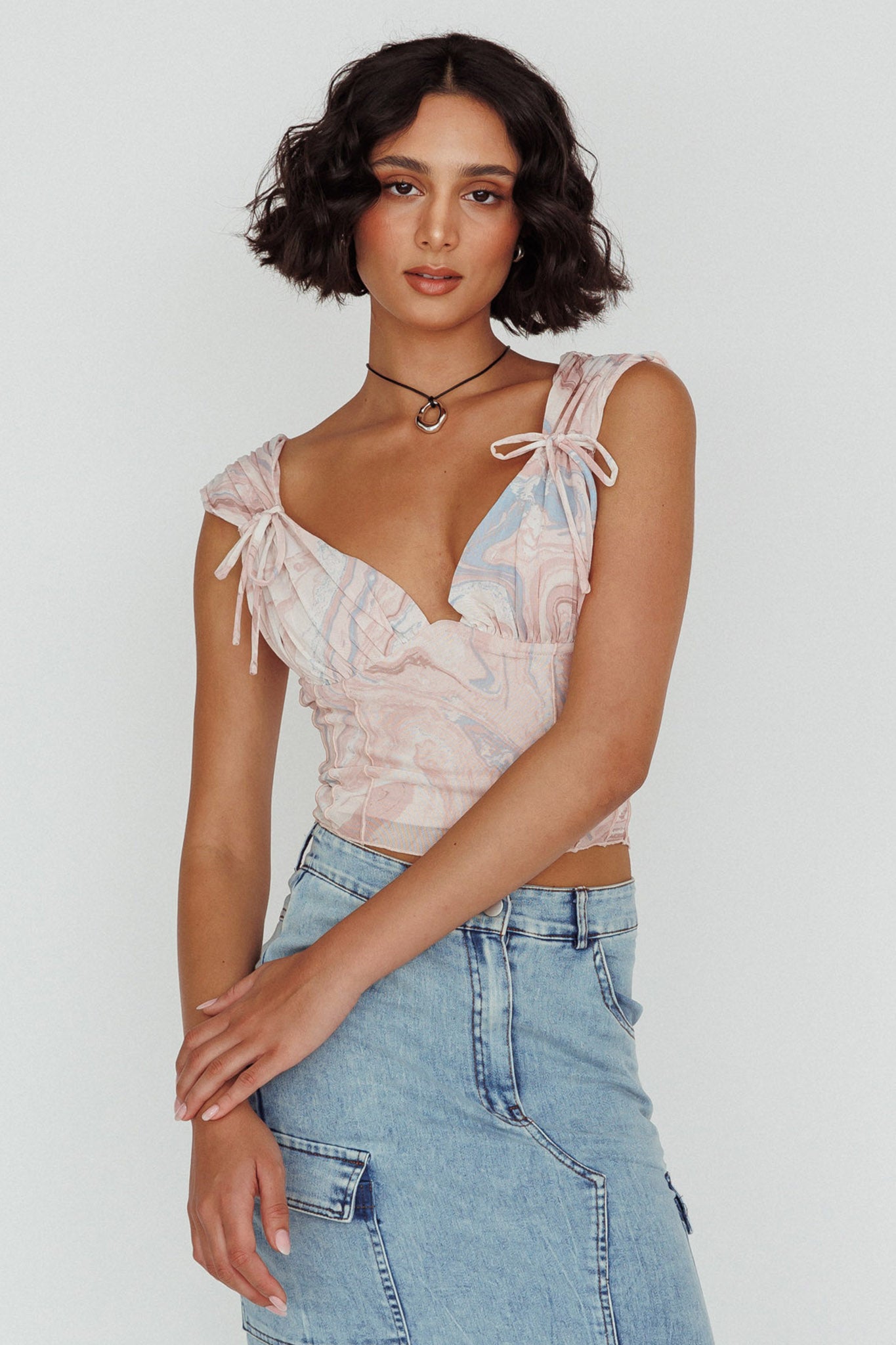 Fairfax Shoulder Tie Crop Top Pink Multi-Maymioy