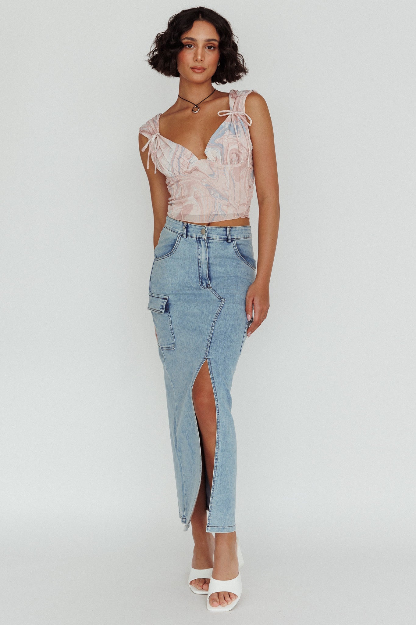 Fairfax Shoulder Tie Crop Top Pink Multi-Maymioy