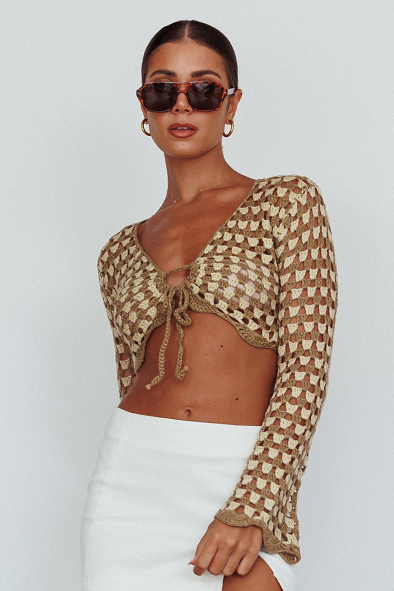 Maycie Long Sleeve Crochet Crop Top Taupe Multi-Maymioy