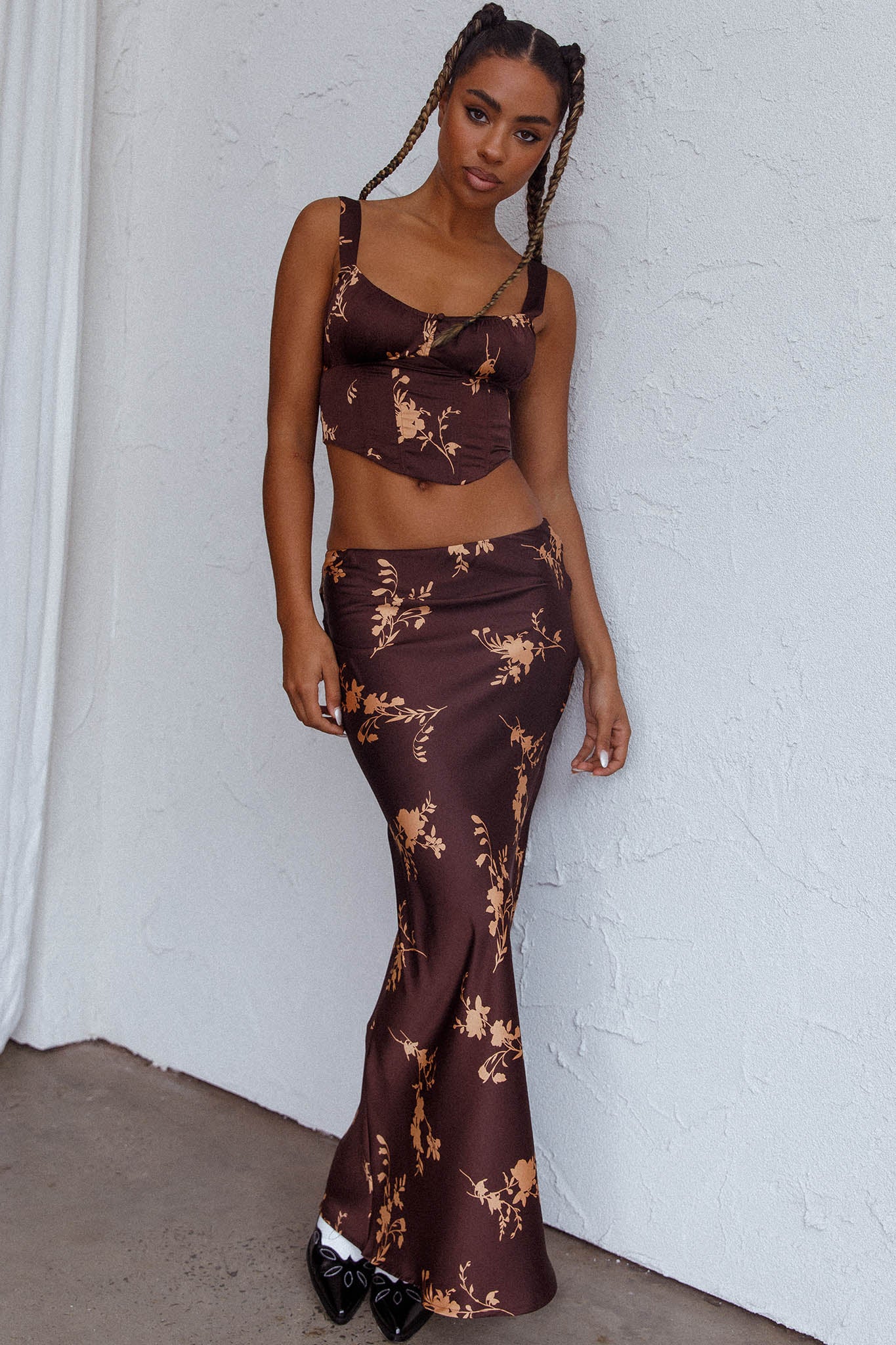 Hara Slip Midi Skirt Floral Brown-Maymioy