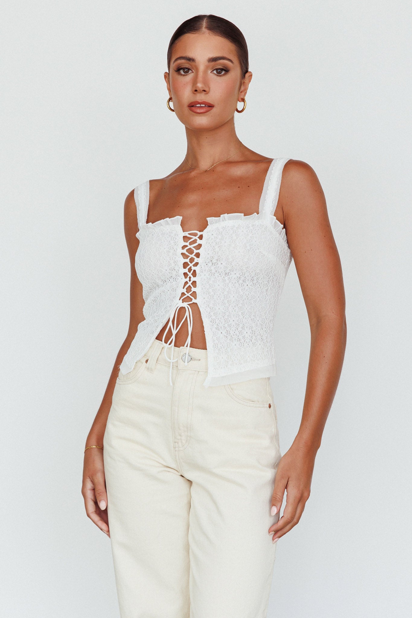 Never Miss Lace-Up Bust Top White-Maymioy