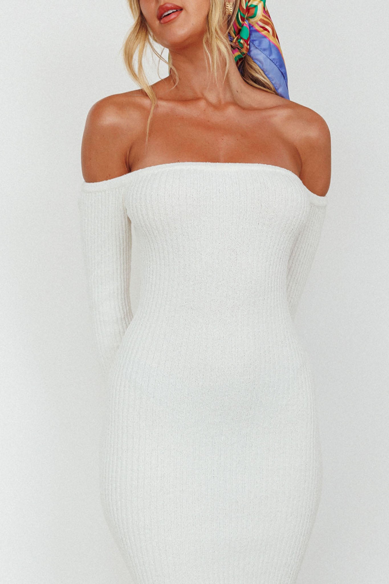 Briar Off-Shoulder Knit Midi Dress Off White-Maymioy